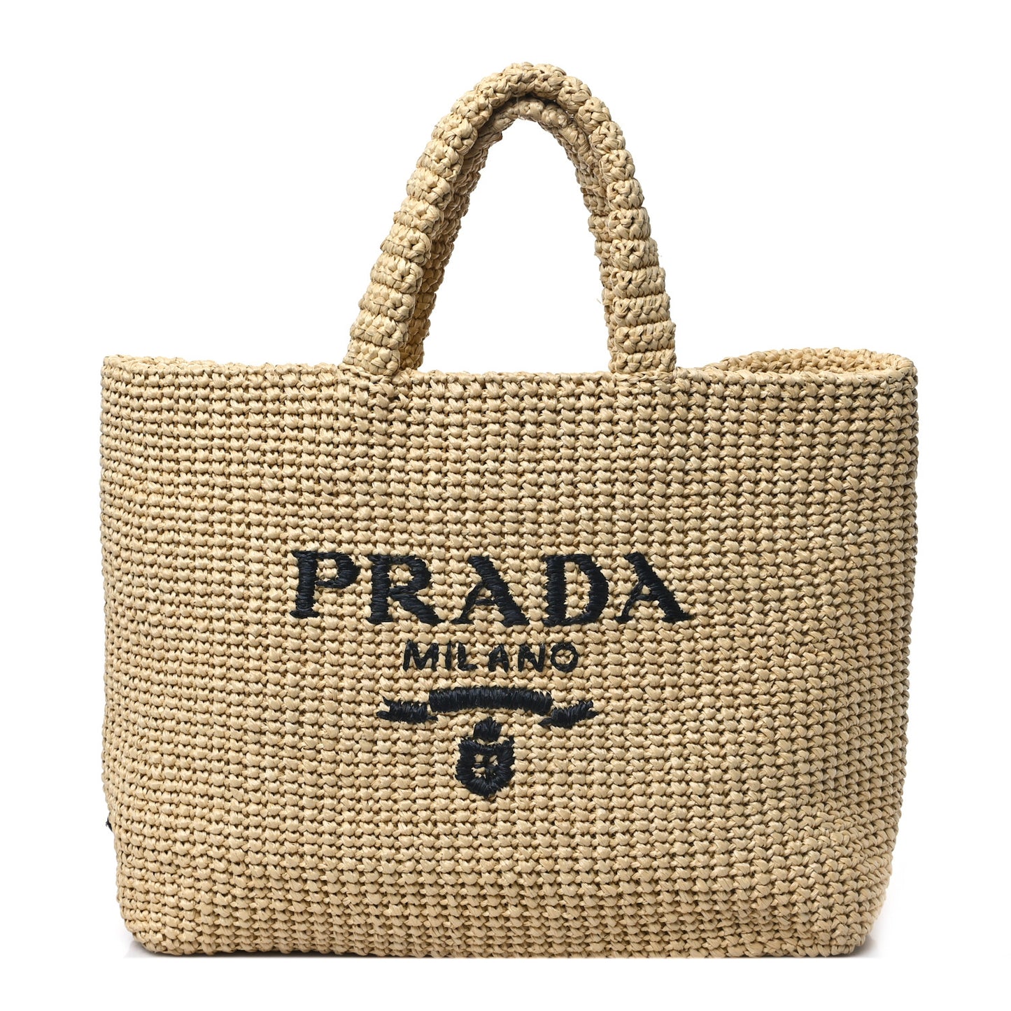 Yarn Raffia Effect Crochet Embroidered Logo Tote Naturale