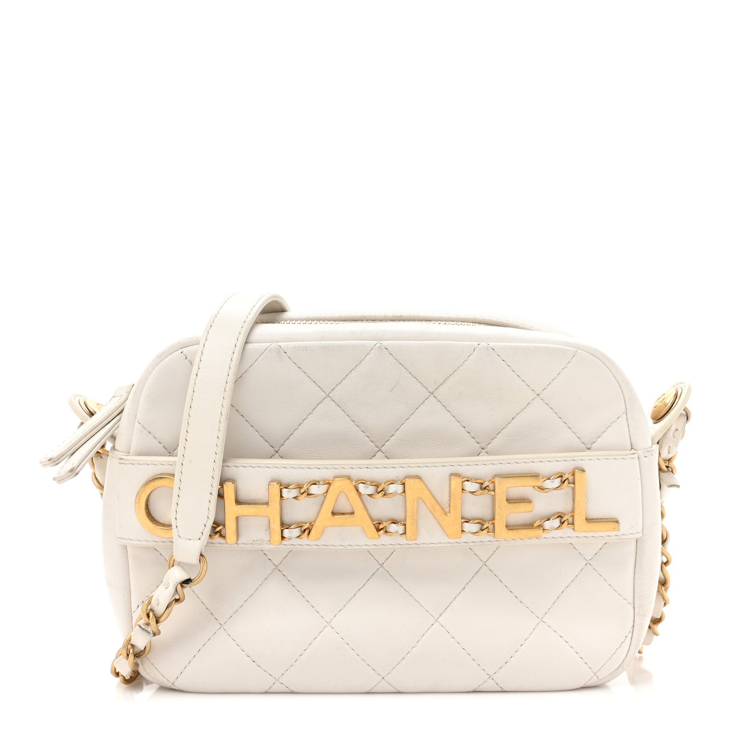 Calfskin Quilted Enchained Camera Case Bag White