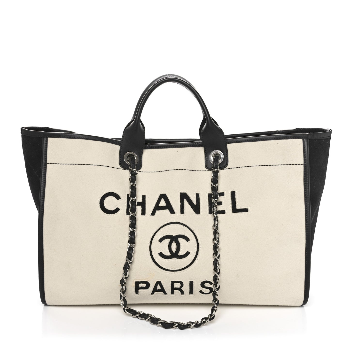 Wool Felt Calfskin Large Deauville Tote White Black