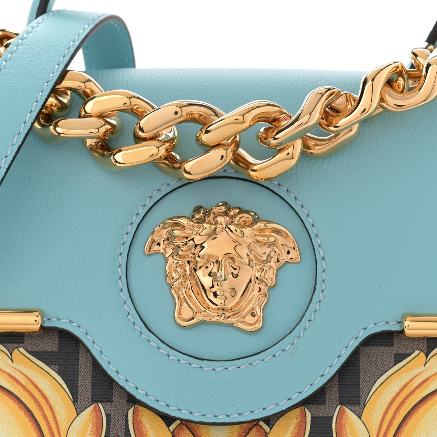 X FENDI Grained Calfskin Fendace La Medusa Medium Top Handle Bag Baby Blue Multicolor