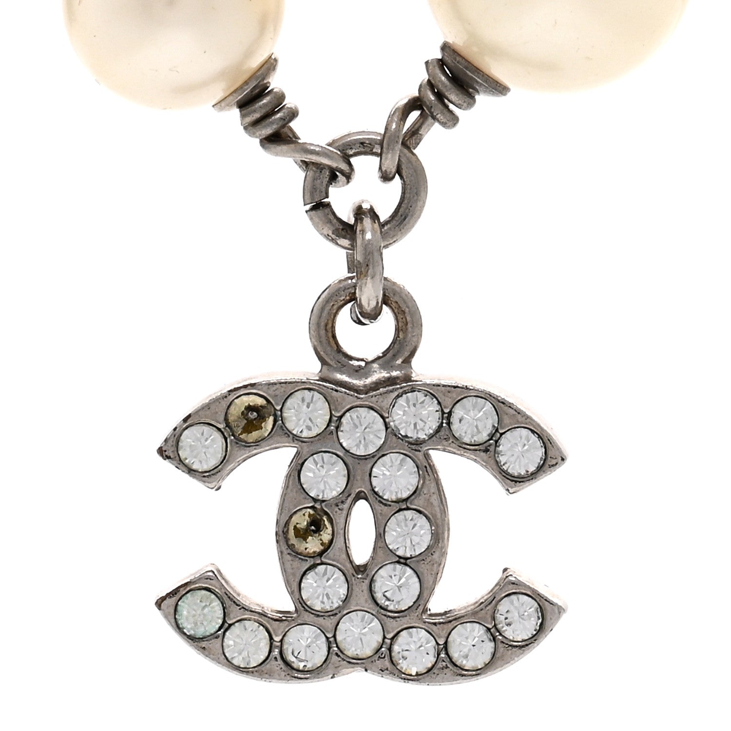 Chanel Pearl Crystal CC Pendant Short Necklace Silver White 4 of 5