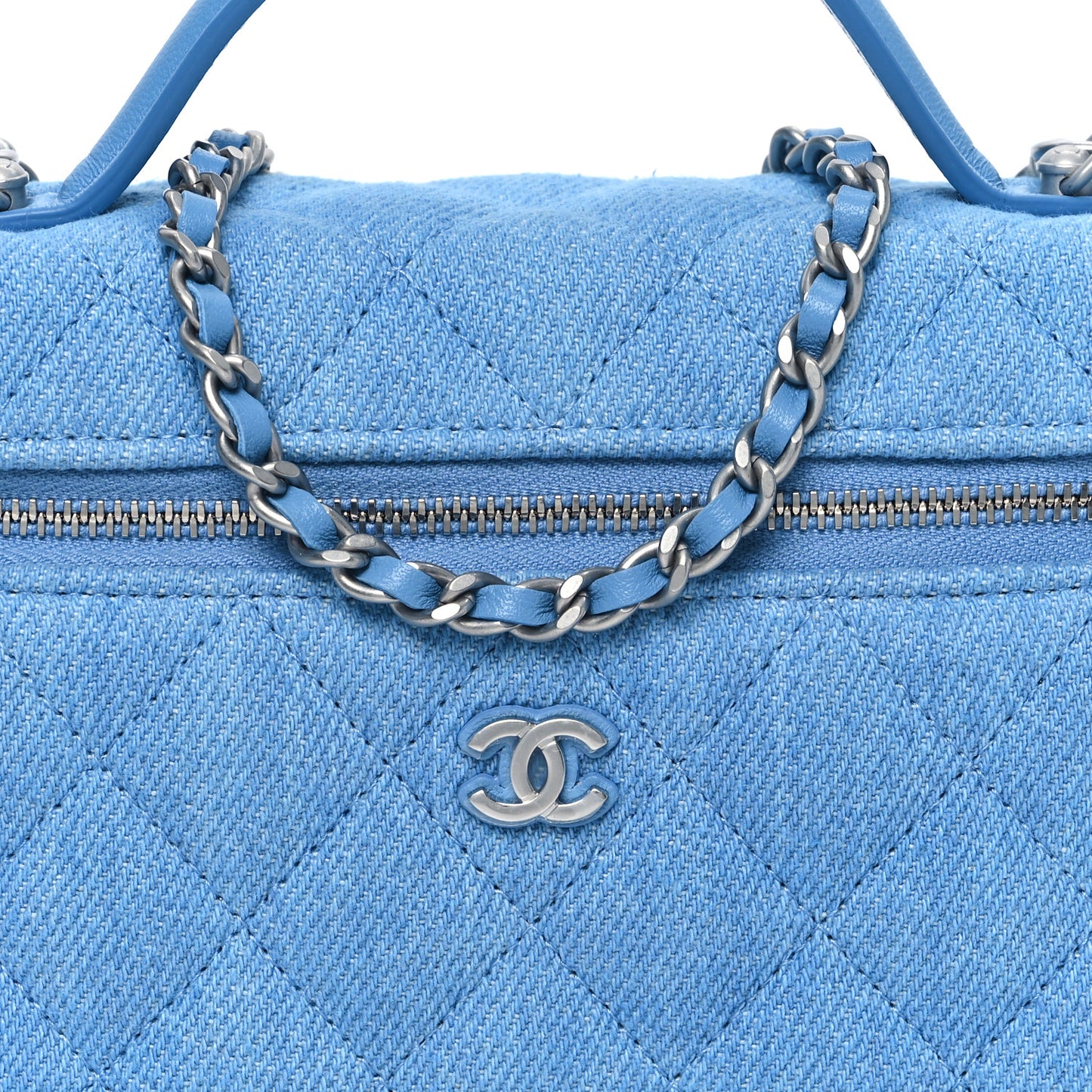 Denim Quilted Top Handle Slim Vanity Case With Chain Blue