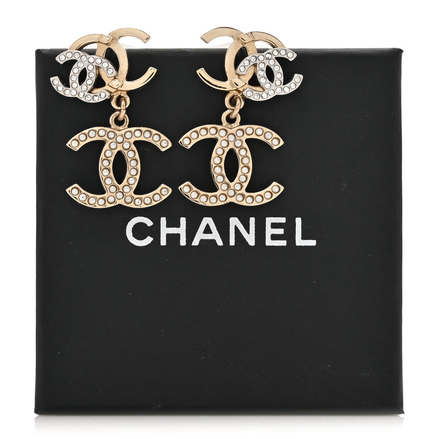 Chanel Crystal Pearl Double CC Drop Earrings Gold Silver 5 of 5