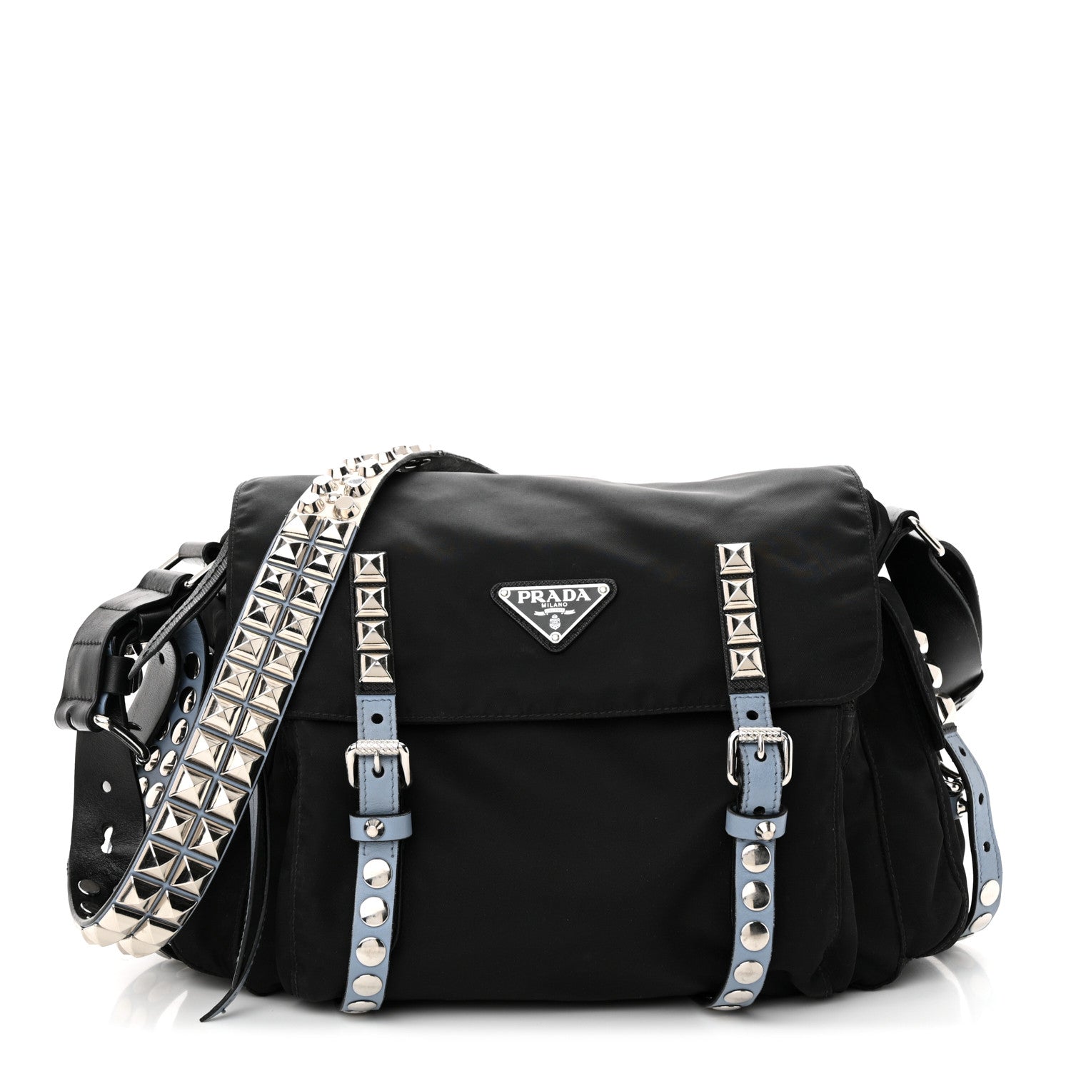 最終セール 男女兼用 NYLONshoulder PRADAnoveltybag Prada Nylon New Vela Studded Messenger Bag Black 1497325