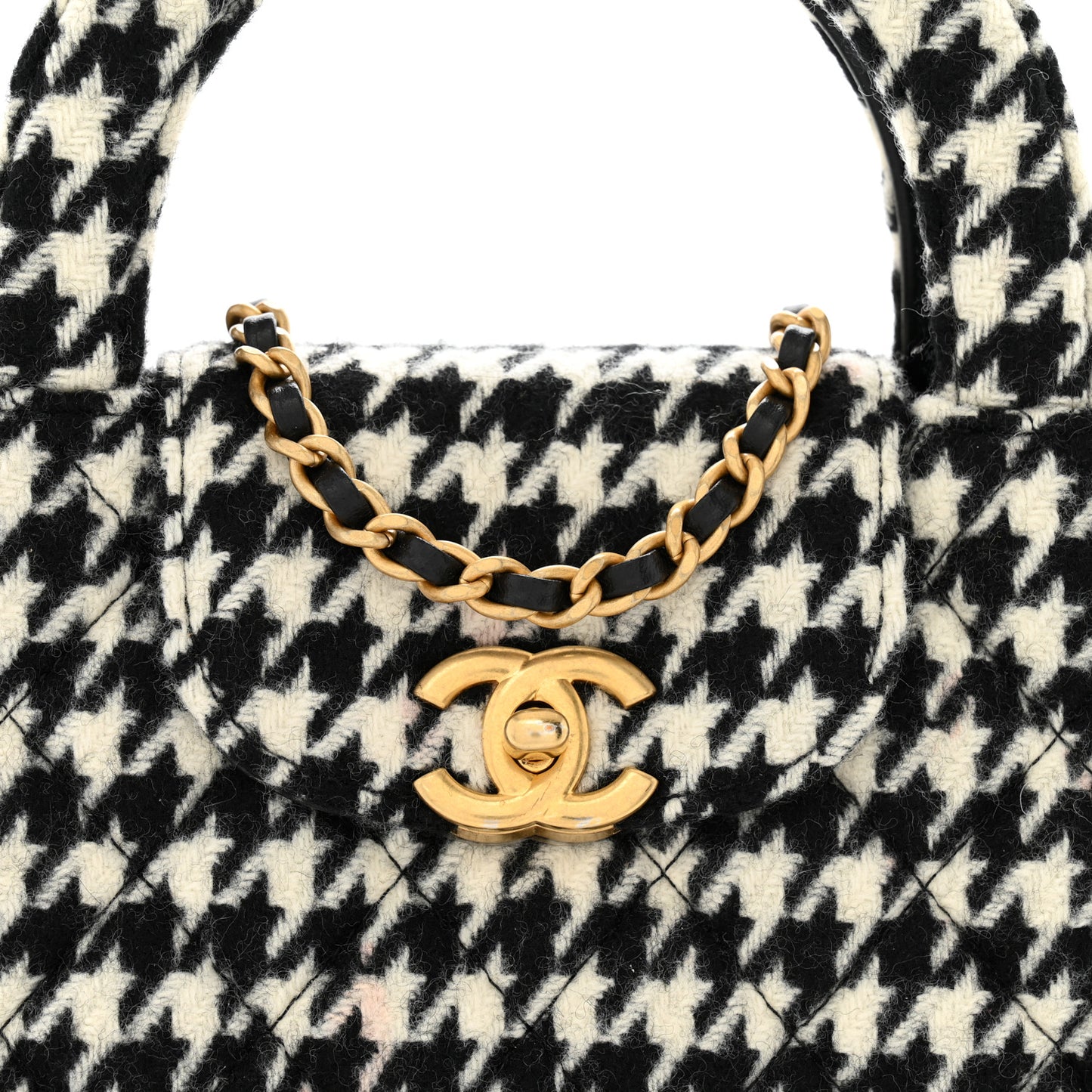 Tweed Houndstooth Quilted Nano Kelly Shopper Black White