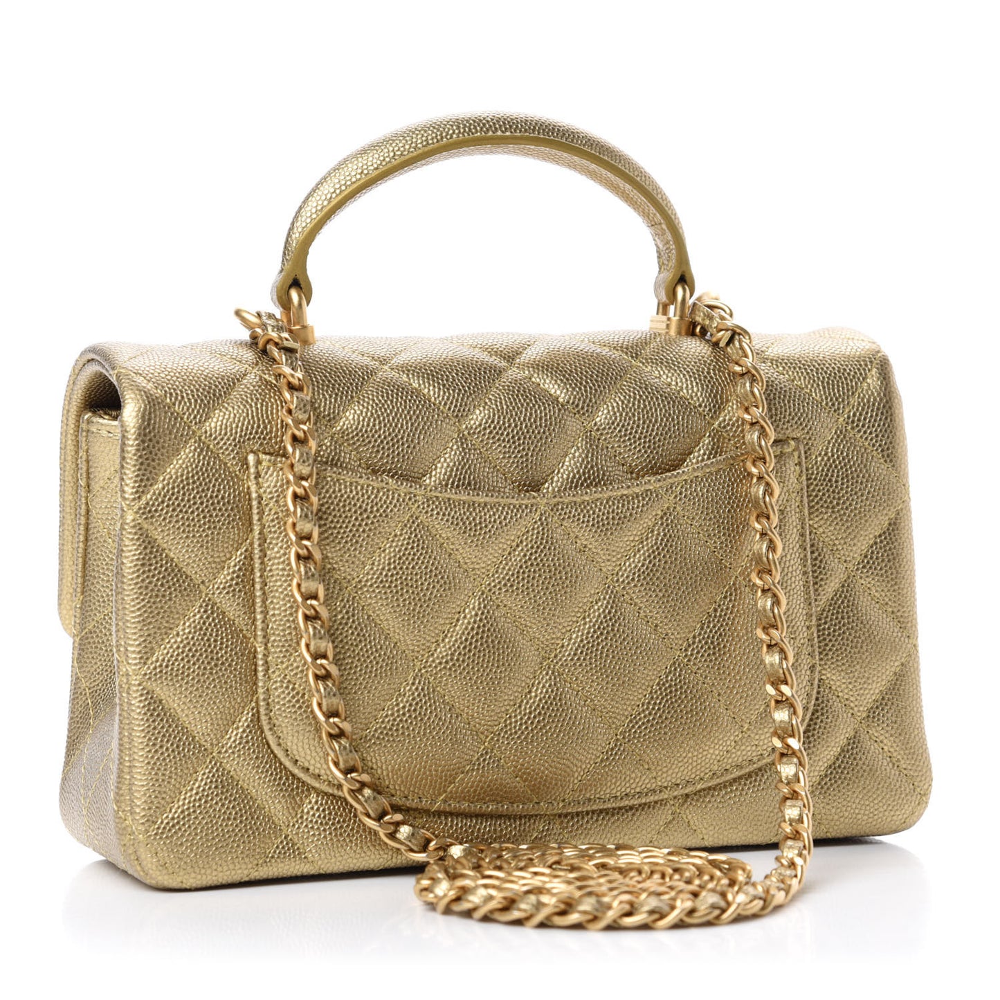 Metallic Caviar Quilted Mini Top Handle Rectangular Flap Gold