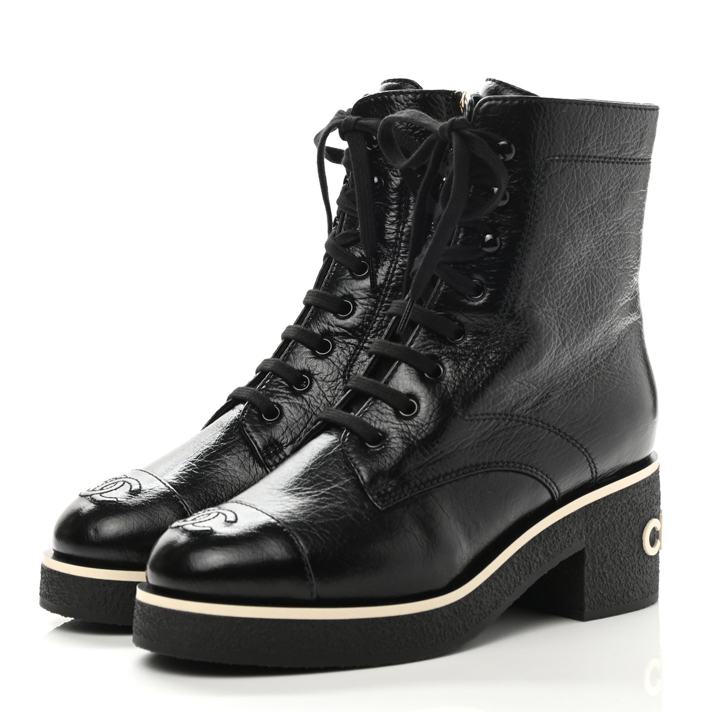 Shiny Crumpled Lambskin Lace Up Combat Boots 38 Black