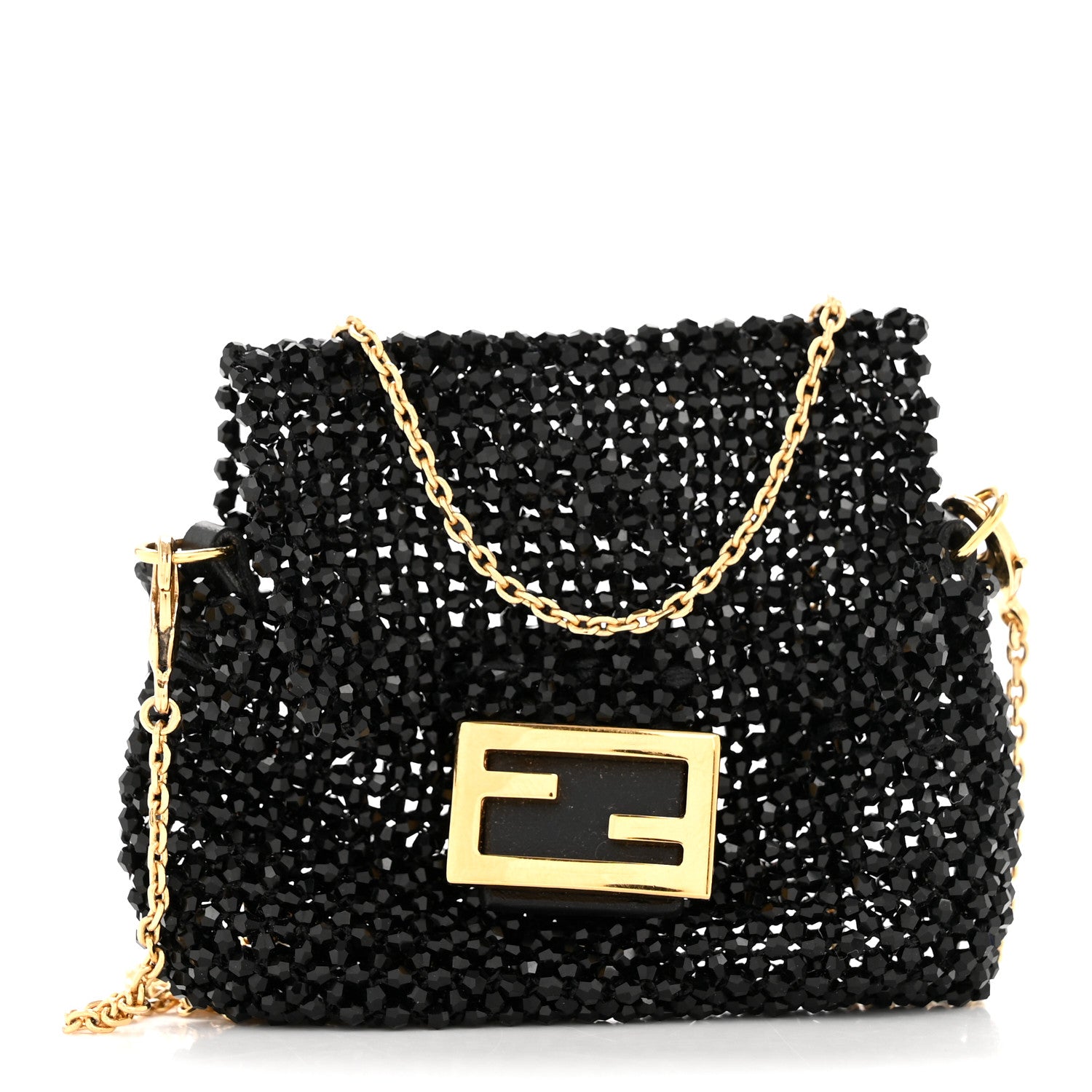 Fendi Crystal Vitello King Beaded Mini Pico Baguette Charm Black