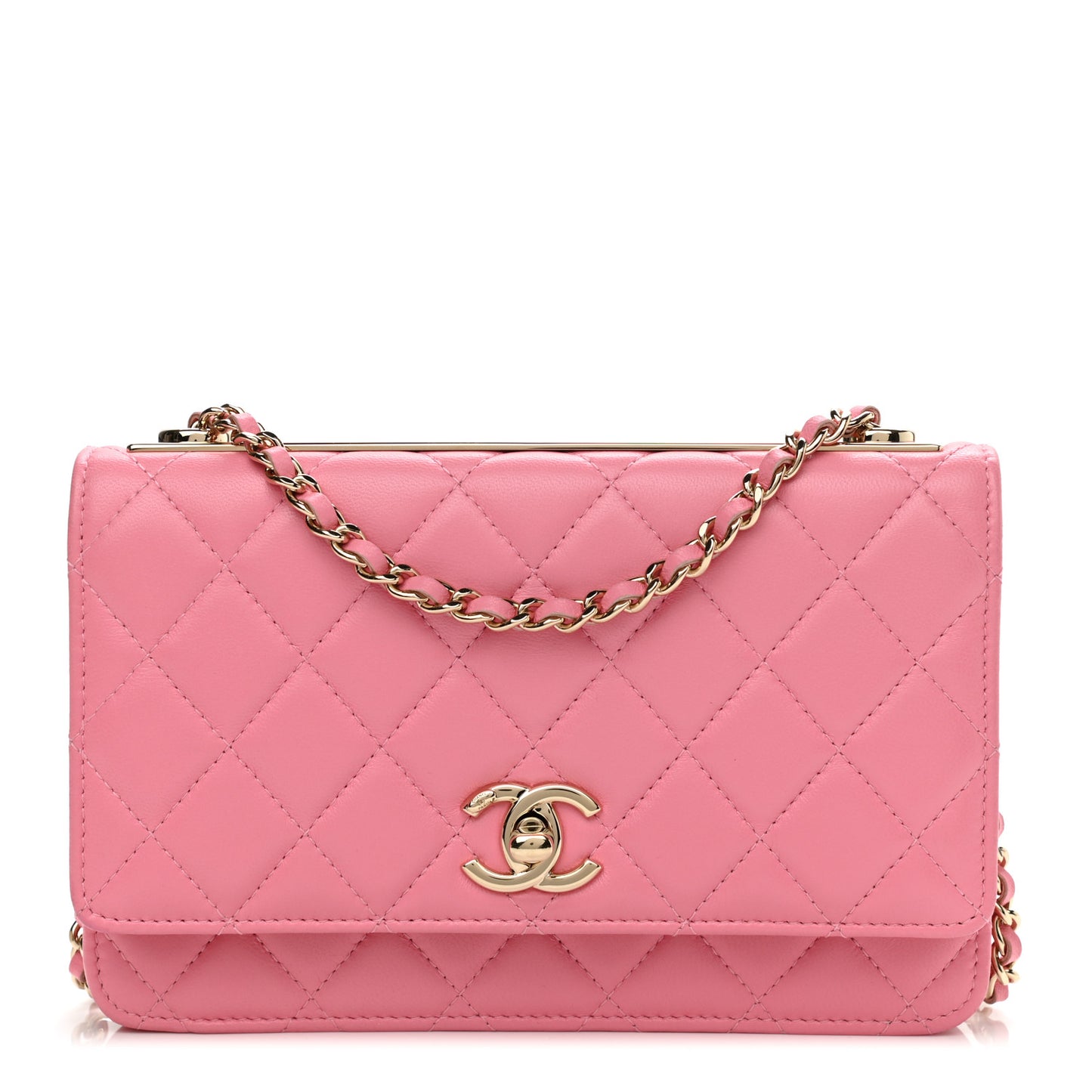 Lambskin Quilted Trendy CC Wallet On Chain WOC Pink