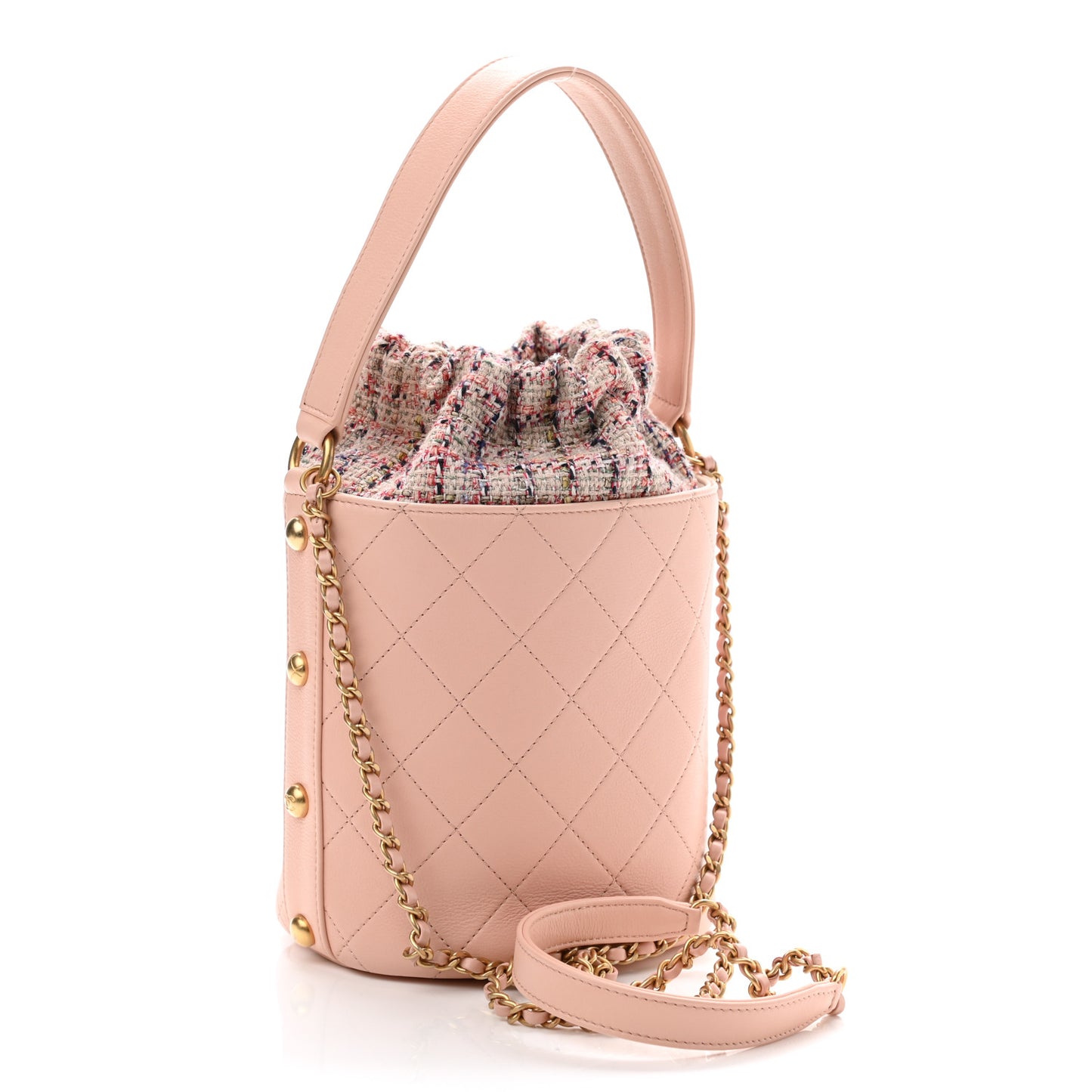 Calfskin Tweed Small CC Chain Bucket Drawstring Bag Light Pink