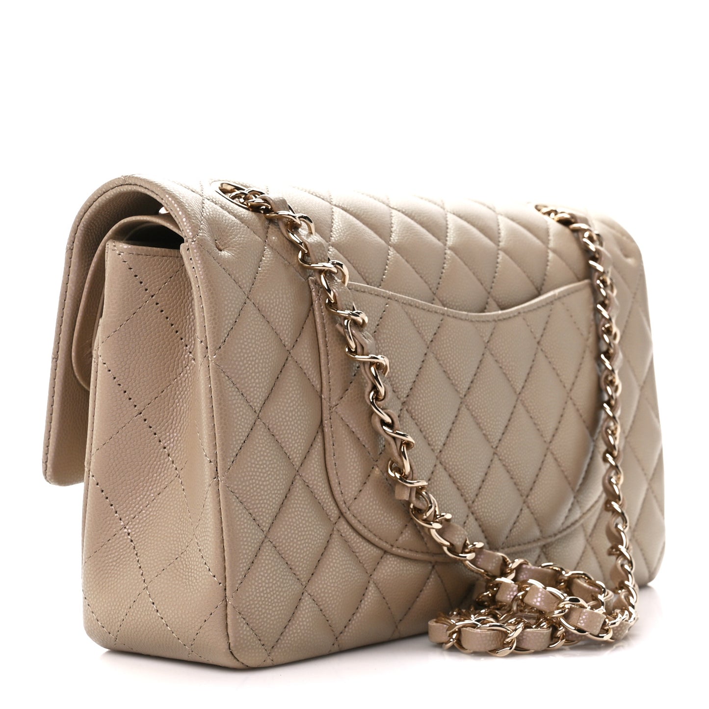 Iridescent Caviar Quilted Medium Double Flap Dark Beige