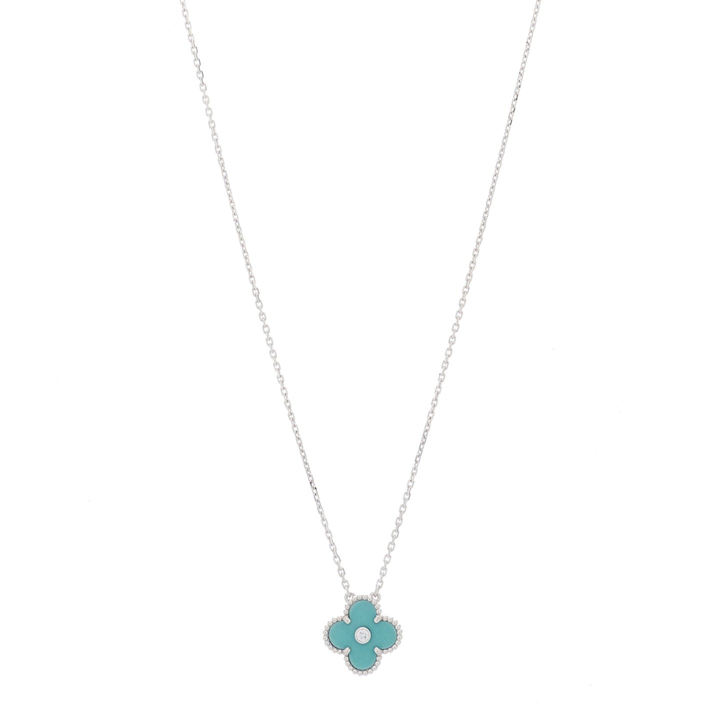 18K White Gold Diamond Celadon Green Sevres Porcelain Vintage Alhambra Pendant Necklace