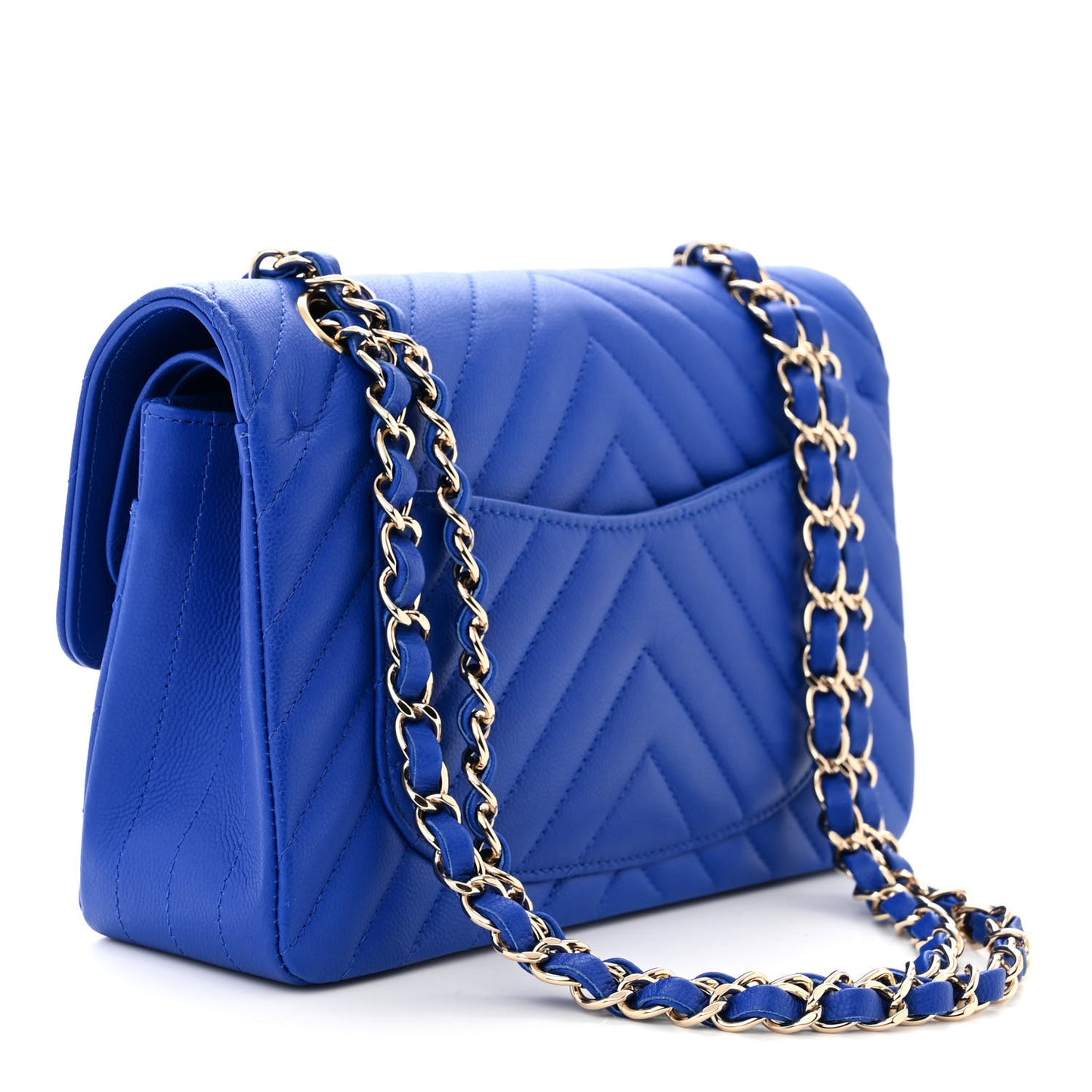 Caviar Chevron Quilted Small Double Flap Blue