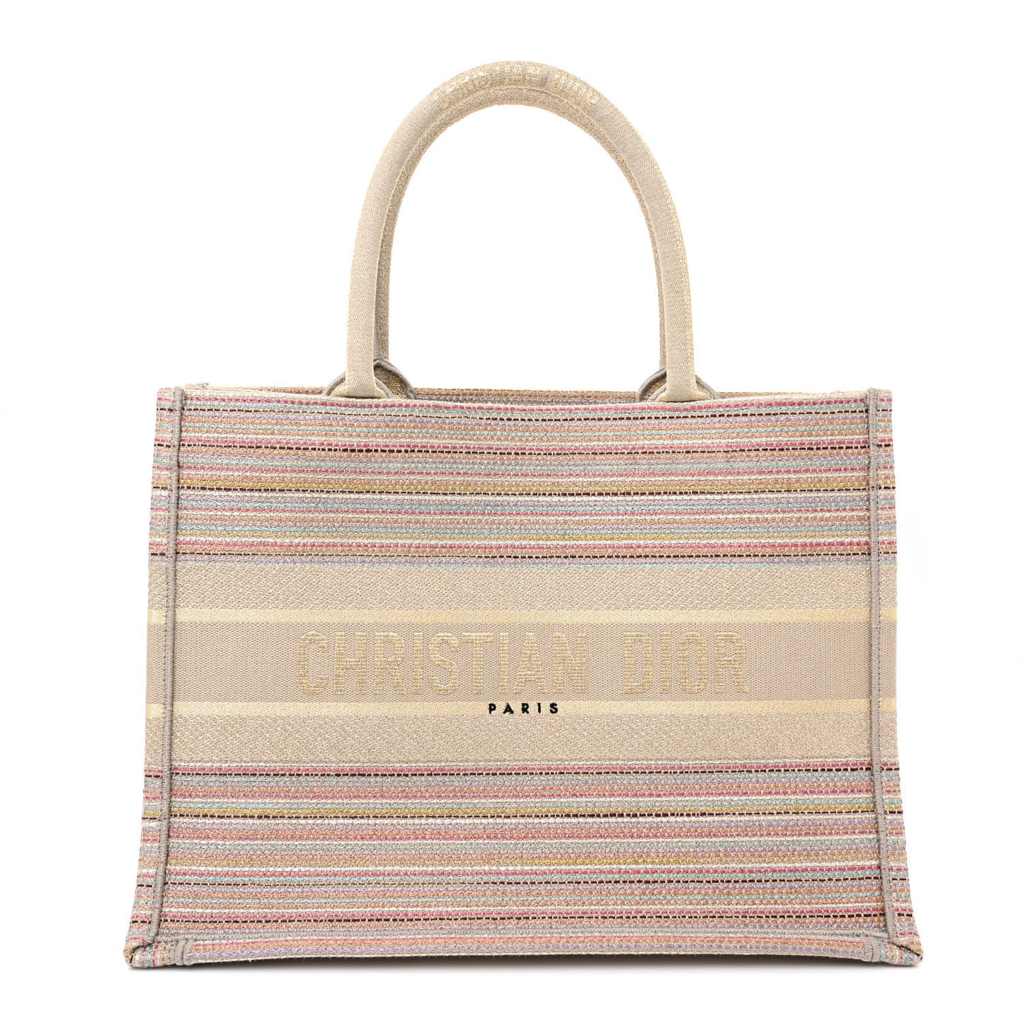 Canvas Embroidered Medium Stripes Book Tote Beige Multicolor