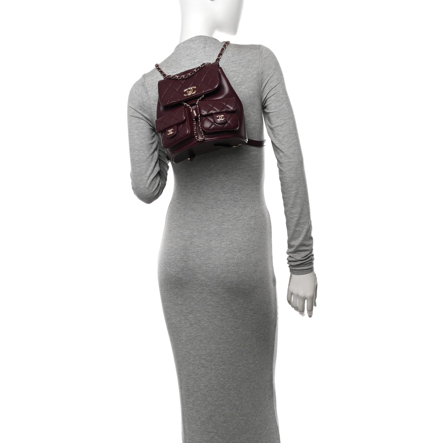 Shiny Caviar Quilted Medium Duma Pockets Drawstring Backpack Dark Burgundy