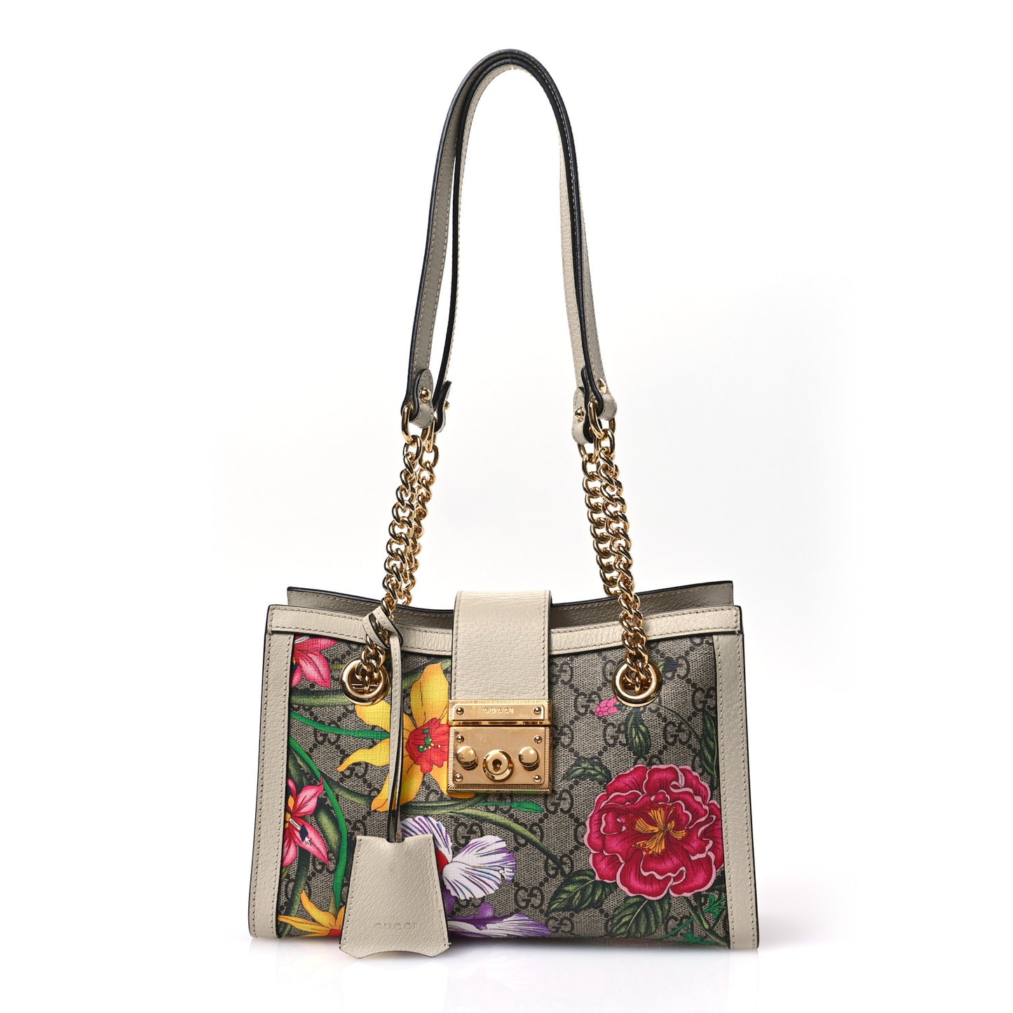 GG Supreme Monogram Flora Textured Calfskin Small Padlock Tote Beige Ebony Multicolor Mystic White