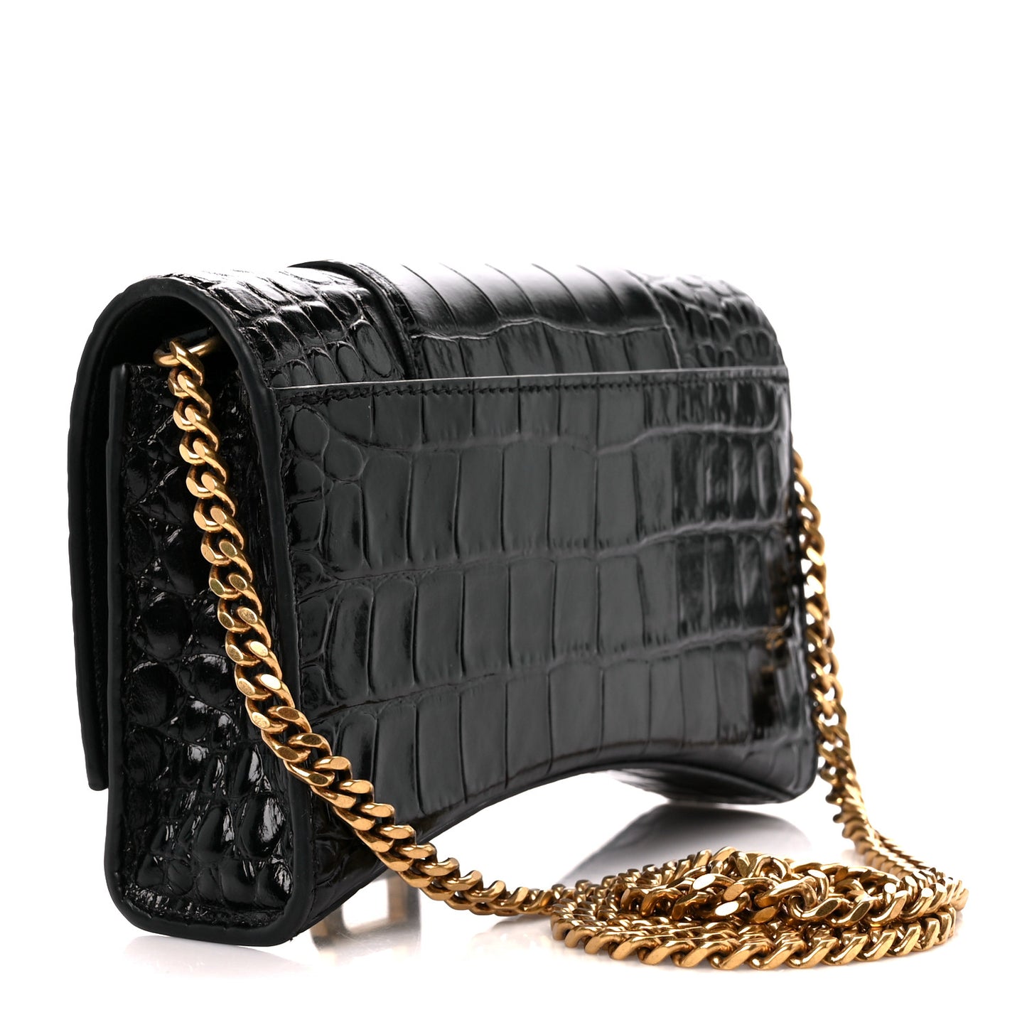 Shiny Calfskin Crocodile Embossed Hourglass Chain Bag Black