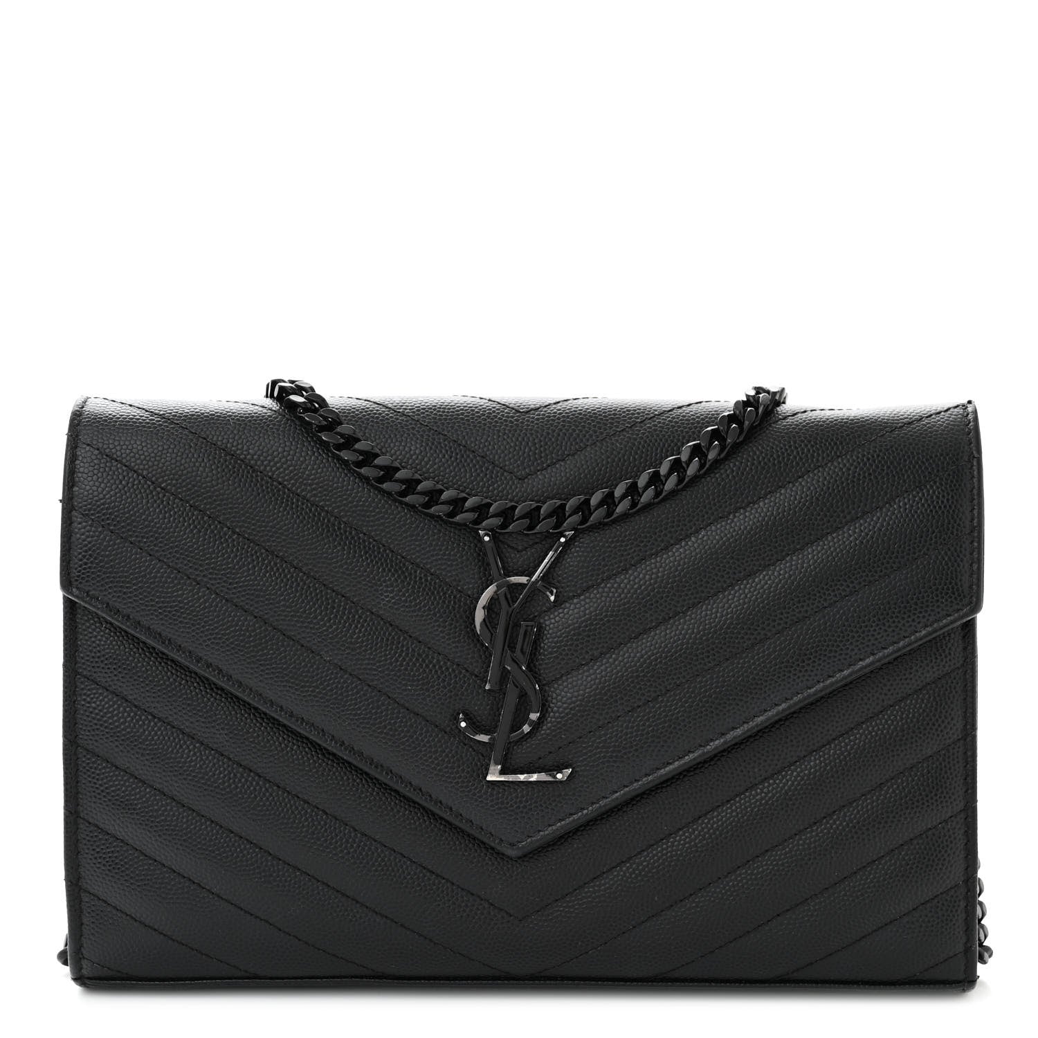 Saint Laurent Grain De Poudre Matelasse Chevron Monogram Monochrome Chain Wallet Black 1 of 12