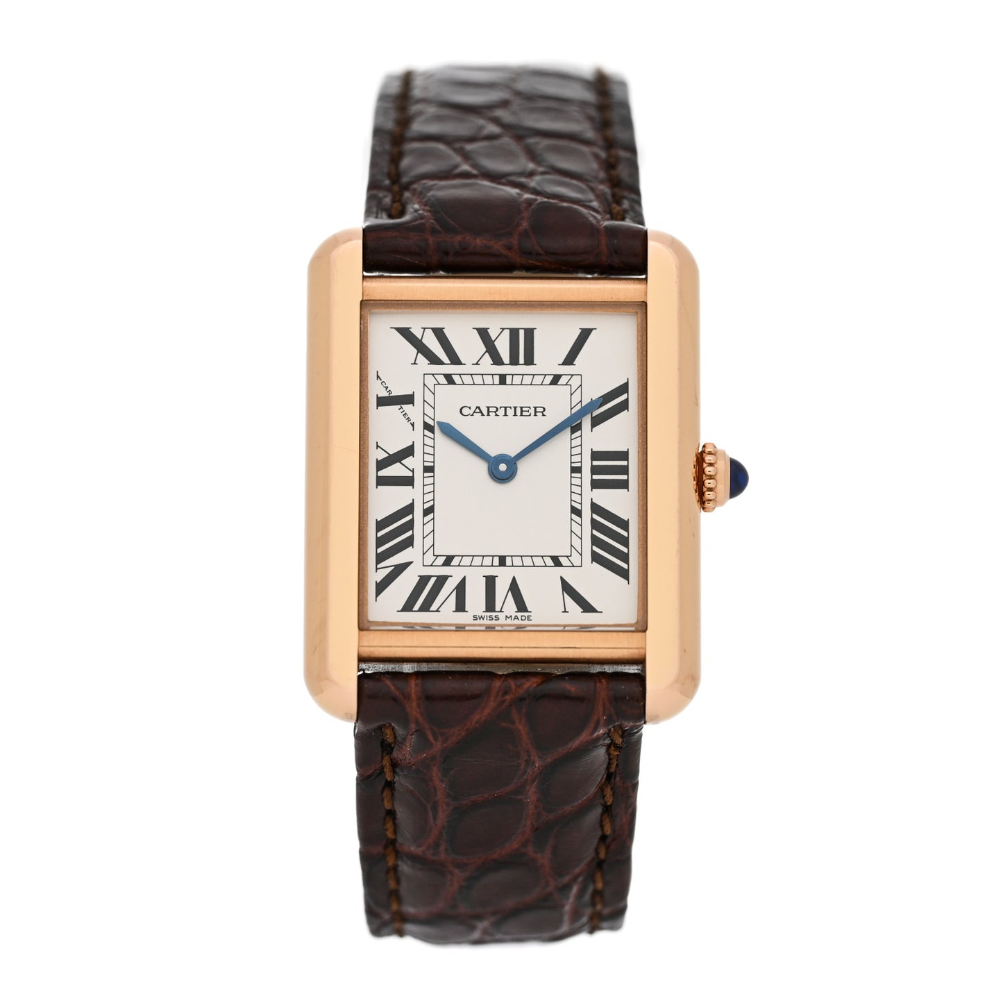 Stainless Steel 18K Pink Gold Alligator 24mm Tank Solo Quartz Watch Brown