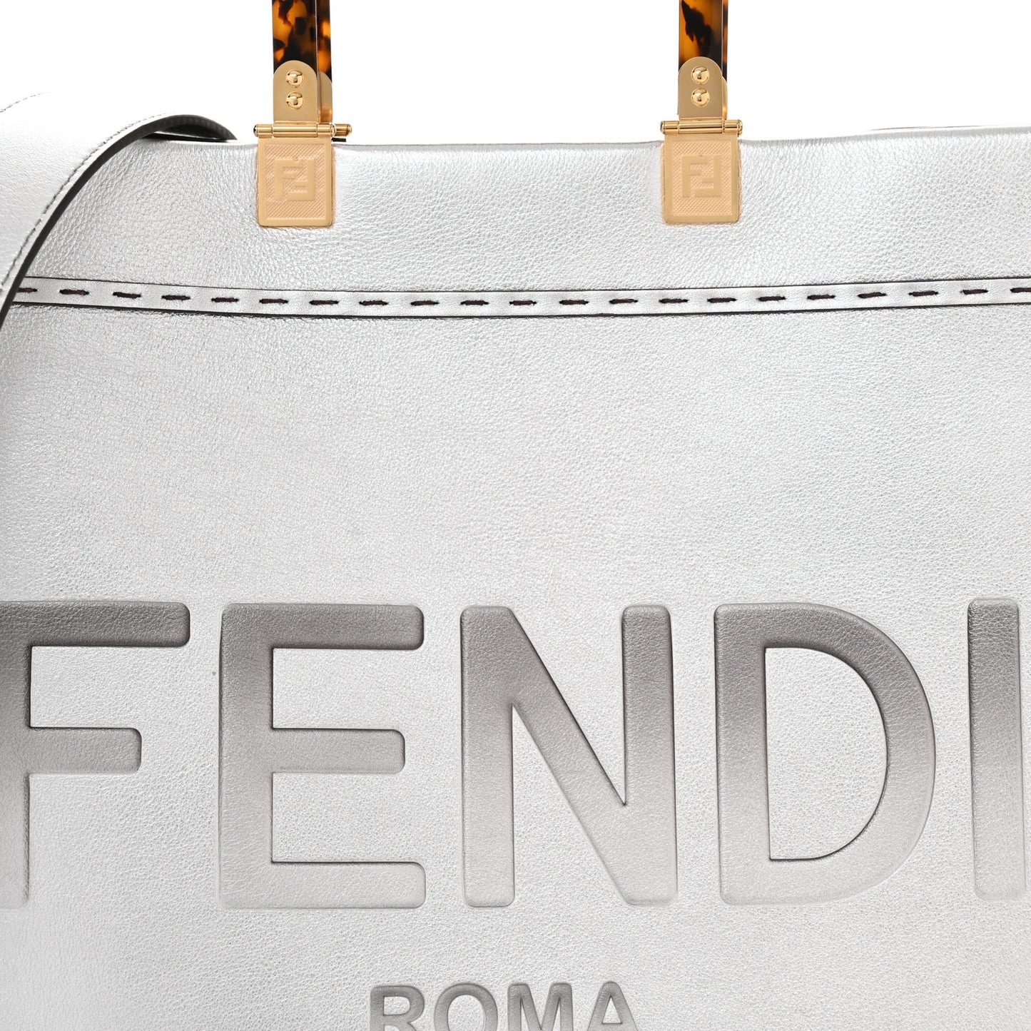Vitello Catalan Mirror Plexiglass Logo Embossed Medium Fendi Sunshine Shopper Tote Argento