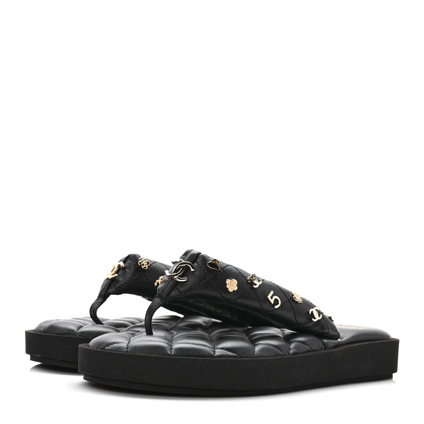 Lambskin Quilted Padded Charms Thong Sandals 37 Black