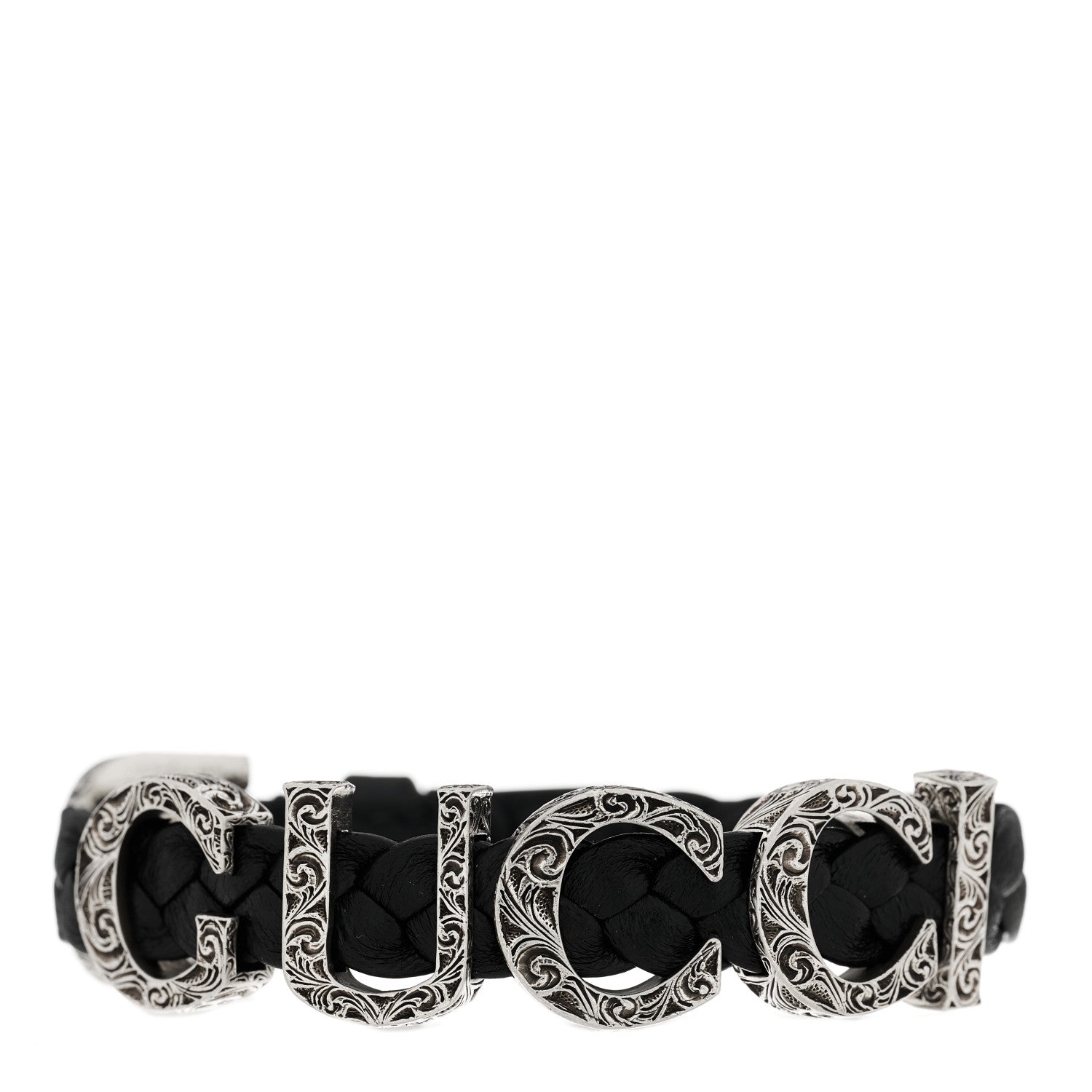 Gucci Sterling Silver Calfskin Logo Bracelet Black 1 of 5