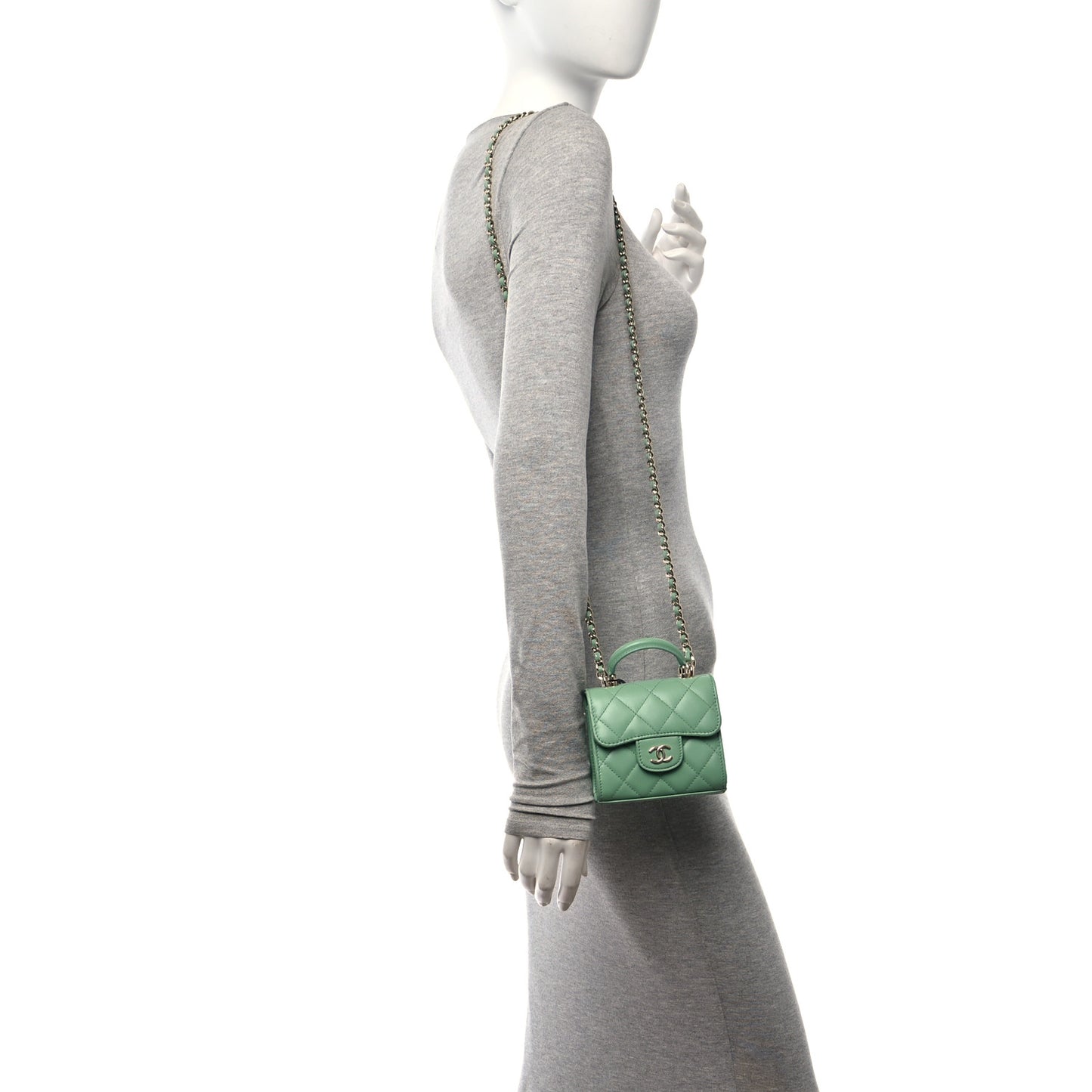 Lambskin Quilted Top Handle Flap Clutch With Chain Light Green
