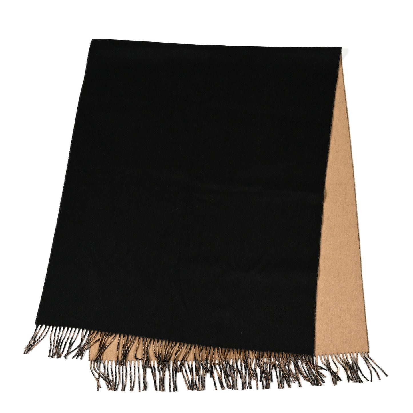 Cashmere Fringe Double Face Stole Black Camel