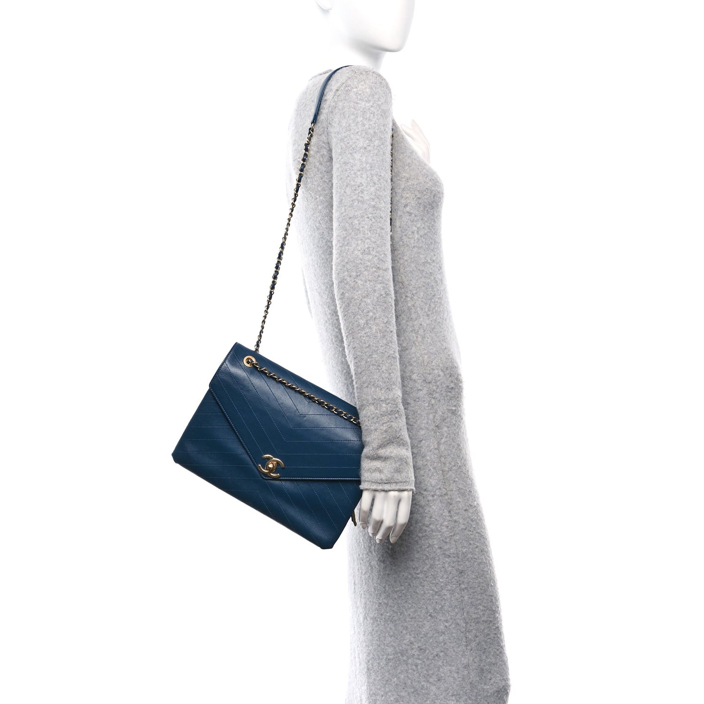Lambskin Chevron Stitched Large Envelope Flap Blue