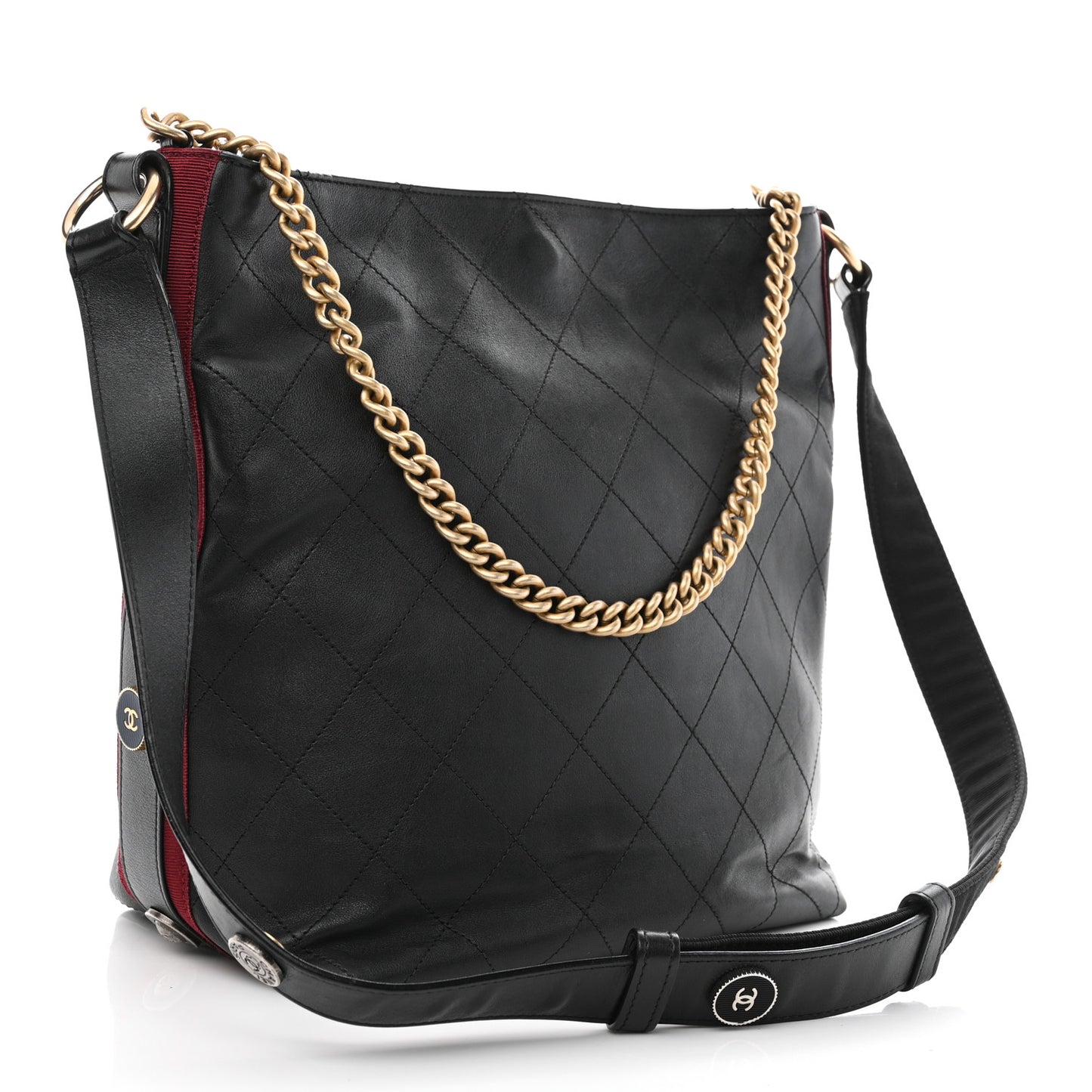 Calfskin Stitched Large Button Up Hobo Black