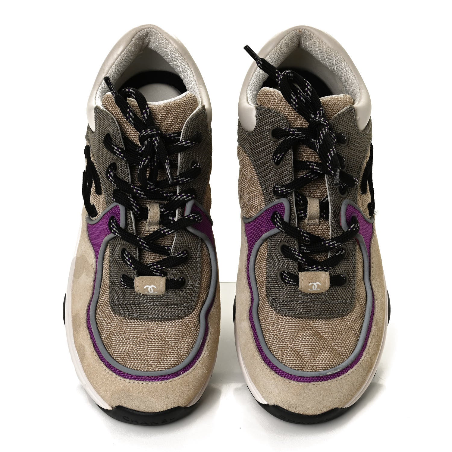 Chanel Mesh Suede Calfskin Grained Calfskin Womens CC Sneakers 39 Beige Dark Beige Purple 5 of 12
