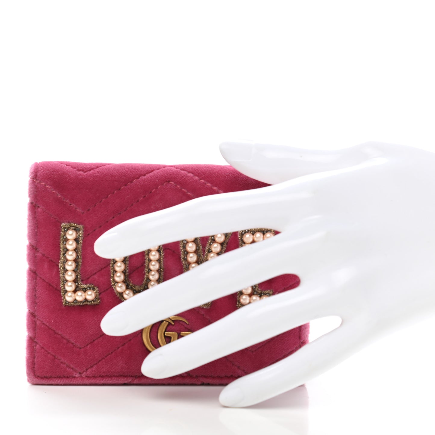 Velvet Matelasse Pearl Love Embroidered GG Marmont Card Case Wallet Light Raspberry Rose