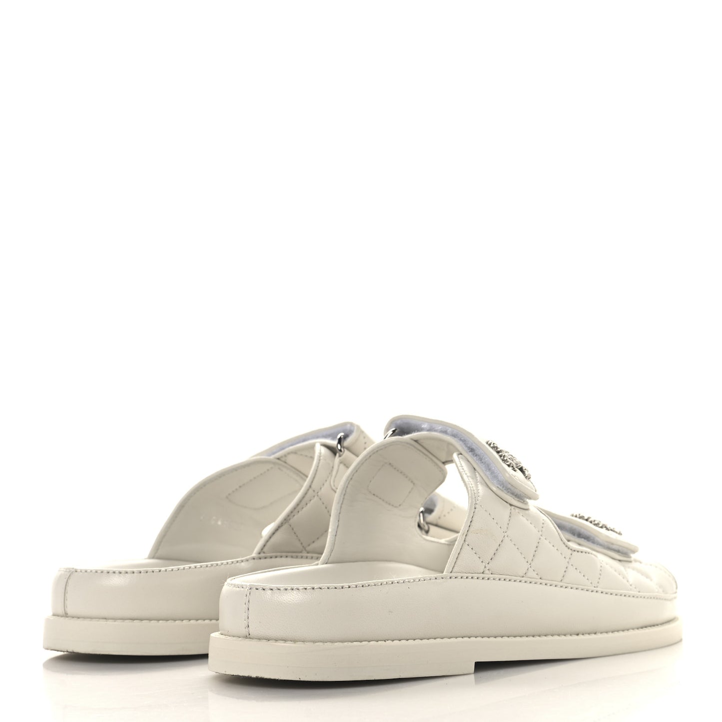 Lambskin Quilted Velcro Dad Chain CC Slide Sandals 38 White
