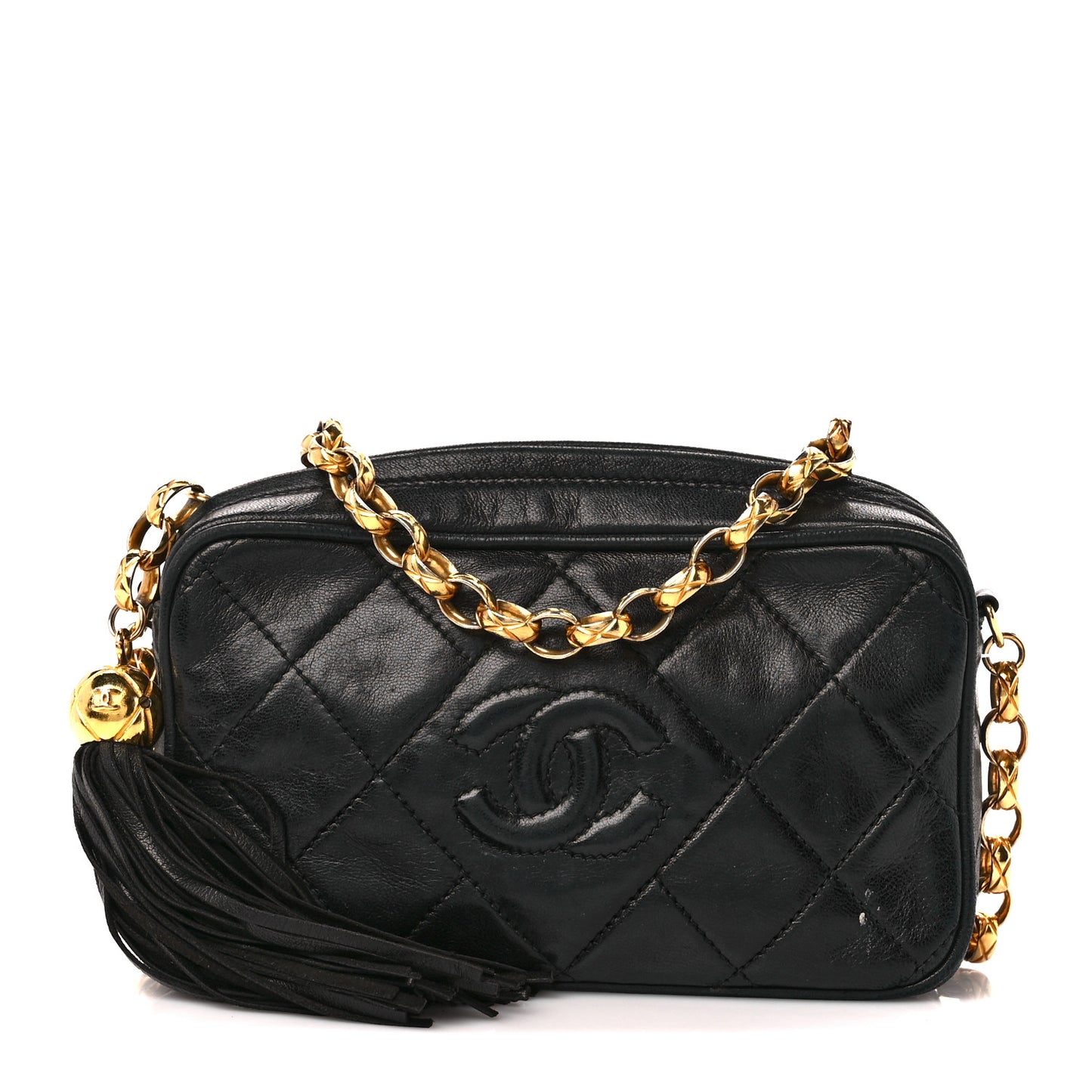 Lambskin Quilted Tassel Camera Case Black