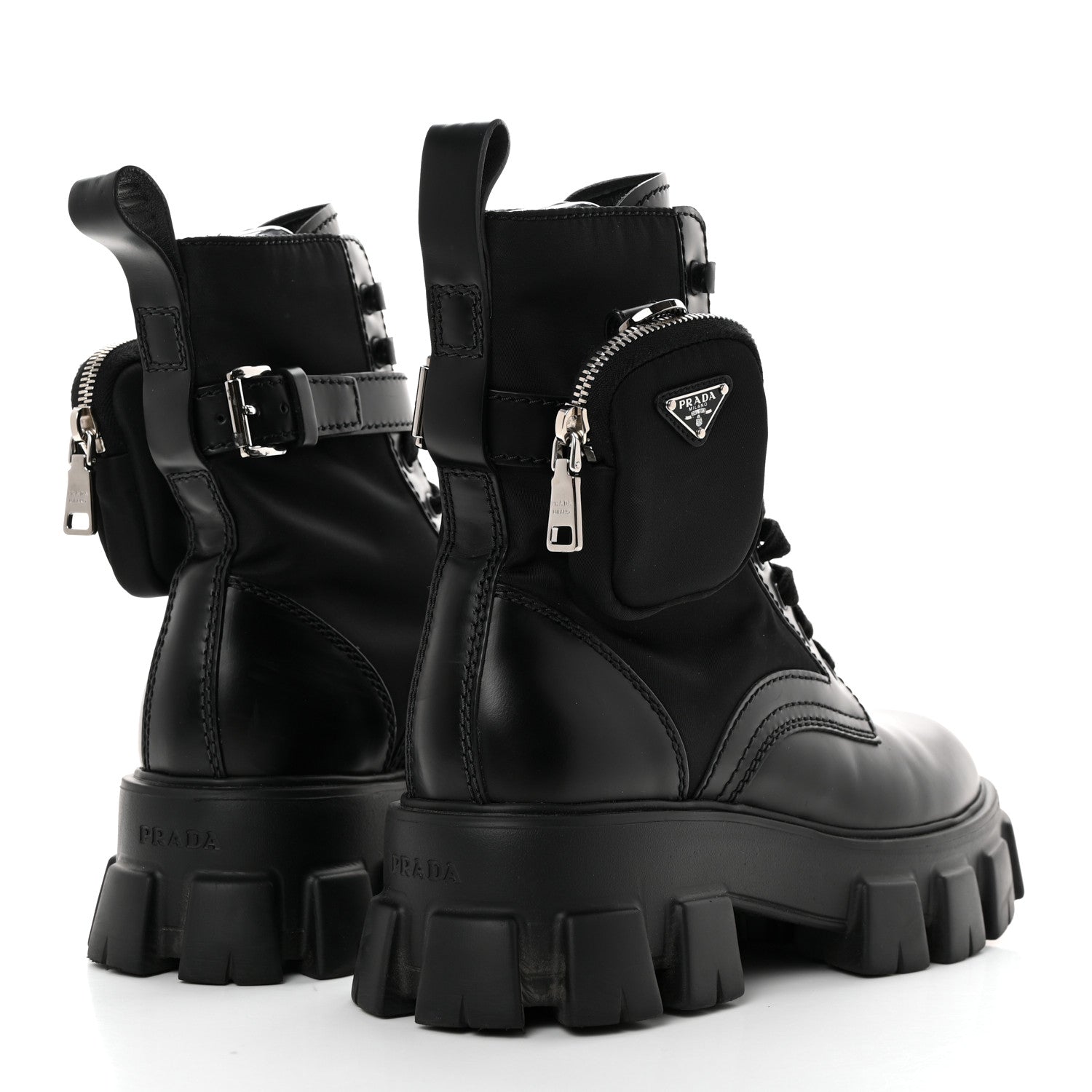 Prada Spazzolato Rois Re-Nylon Metal Triangle Logo Mens Monolith Pouch Pocket 60mm Combat Boots 7 Black 4 of 13