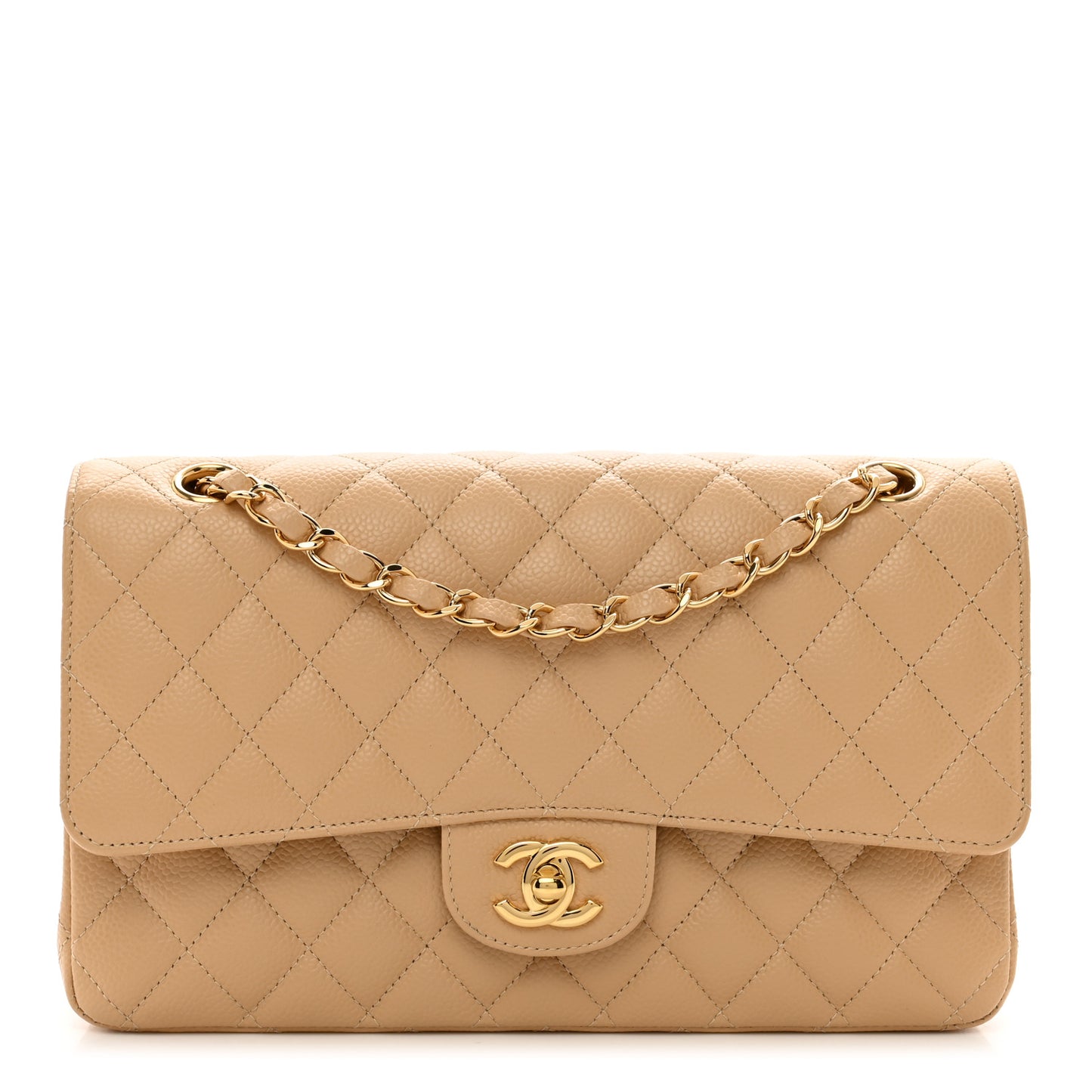 Caviar Quilted Medium Double Flap Beige
