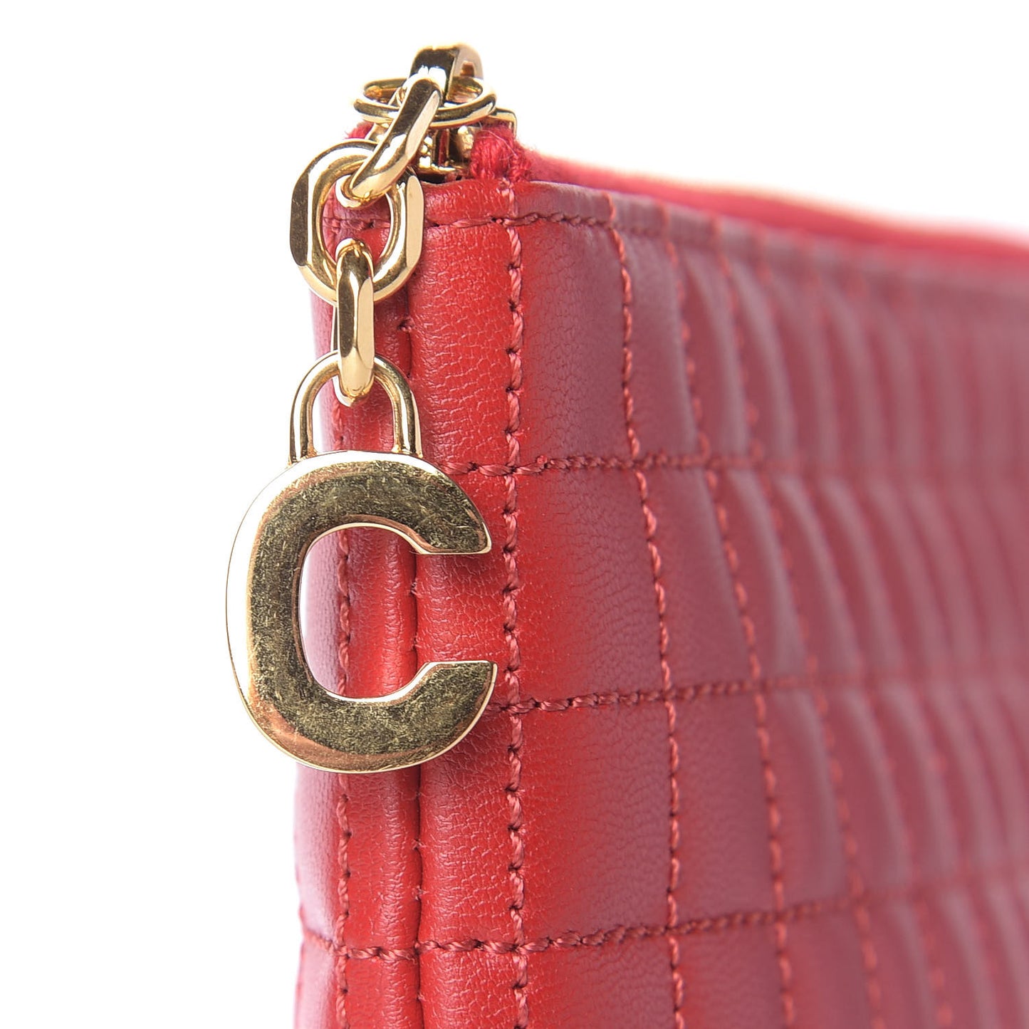 Calfskin Quilted C Charm Pouch Red