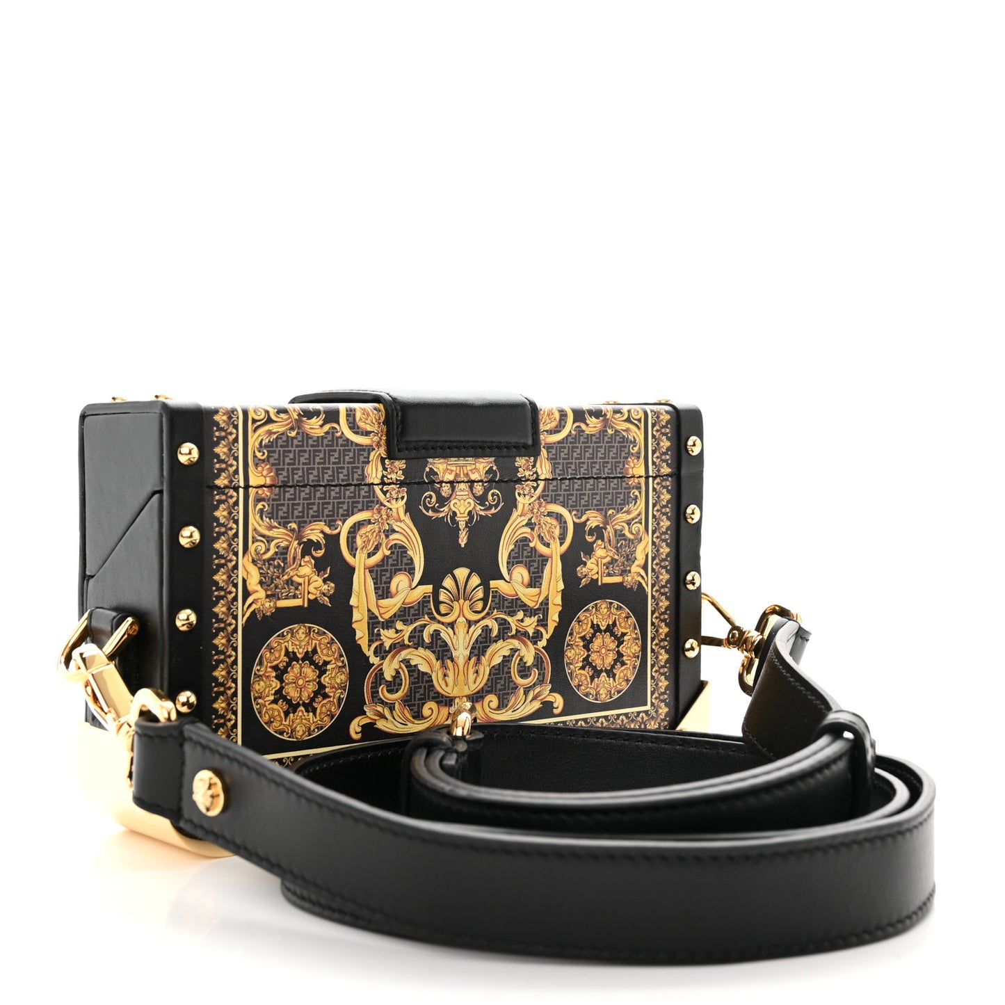 X VERSACE Vitello Cover Fendace Mini FF Baroque Brooch Studded Mini Baguette Trunk Black Gold