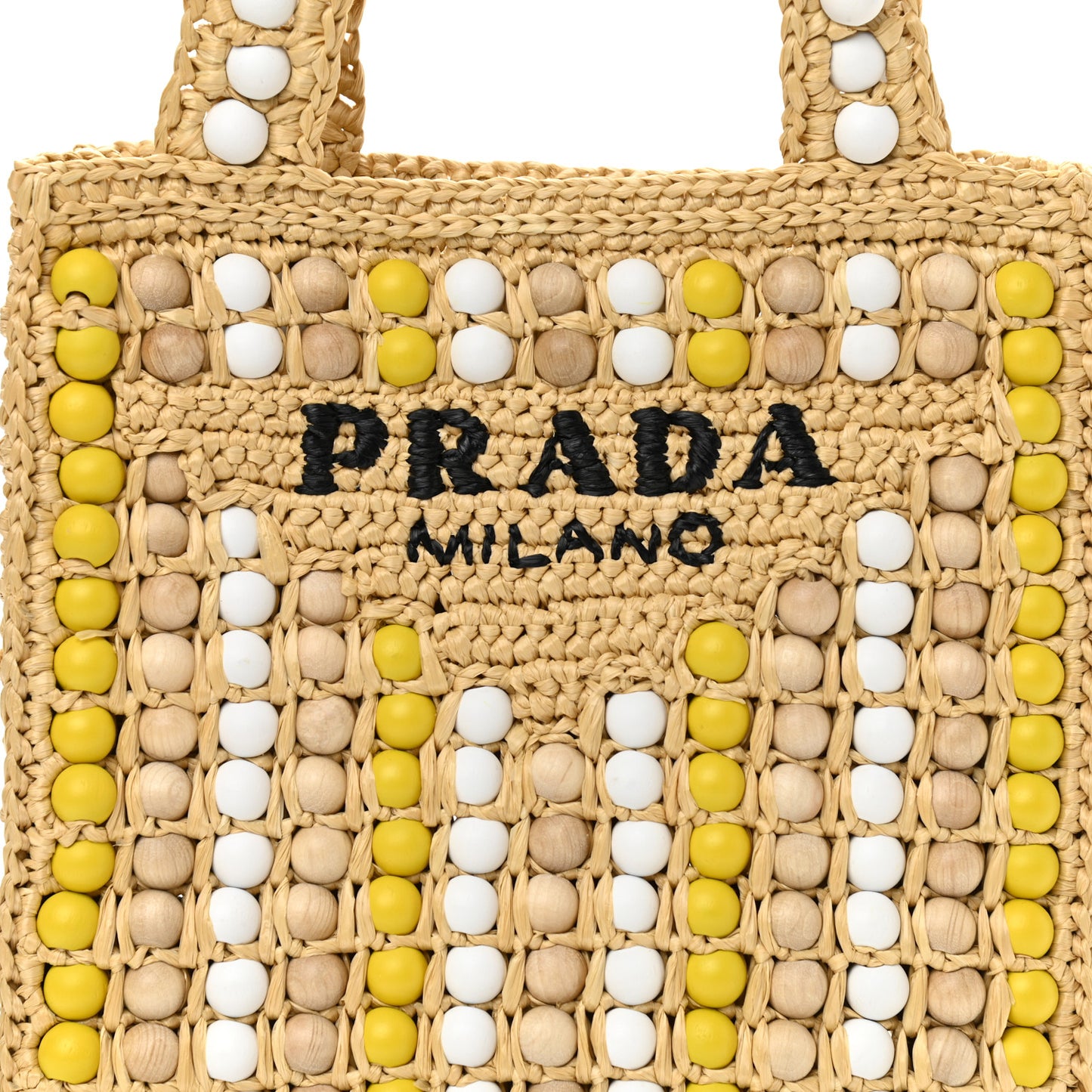 Raffia Wood Bead Embroidered Logo Tote Bag Naturale