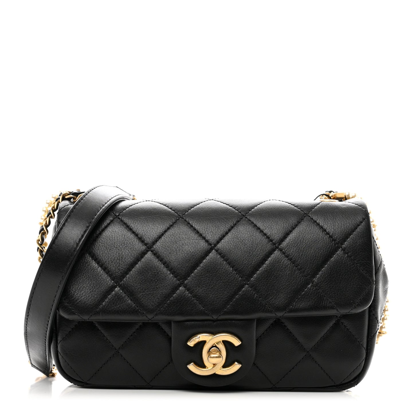 Calfskin Quilted Mini Rectangular Crystal Pearls Chain Flap Black