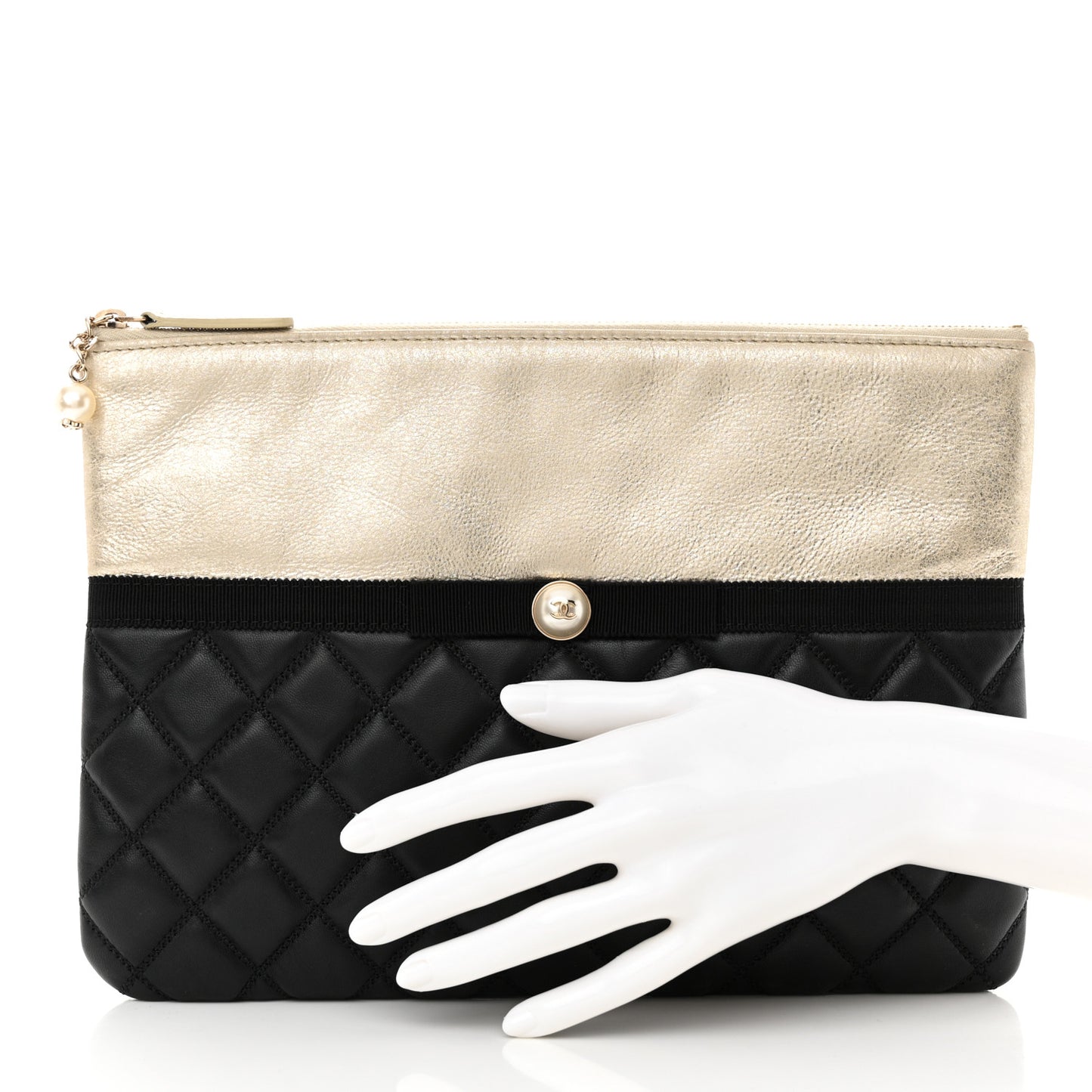 Metallic Goatskin Lambskin Grosgrain Pearl CC Medium Cosmetic Case Black Gold