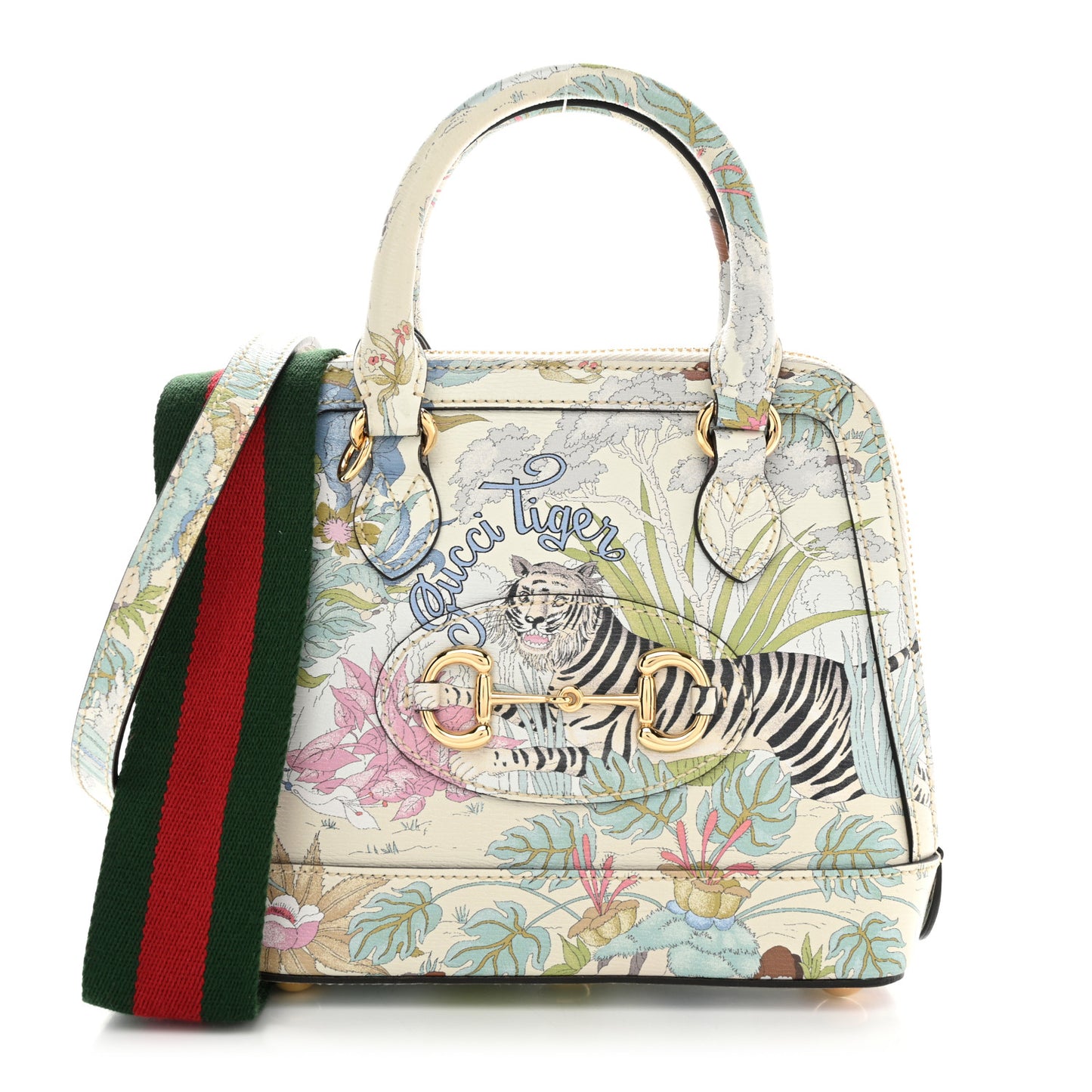 New Shangai Calfskin Tiger Savanah Web Mini Horsebit 1955 Top Handle Bag Chalky White Multicolor