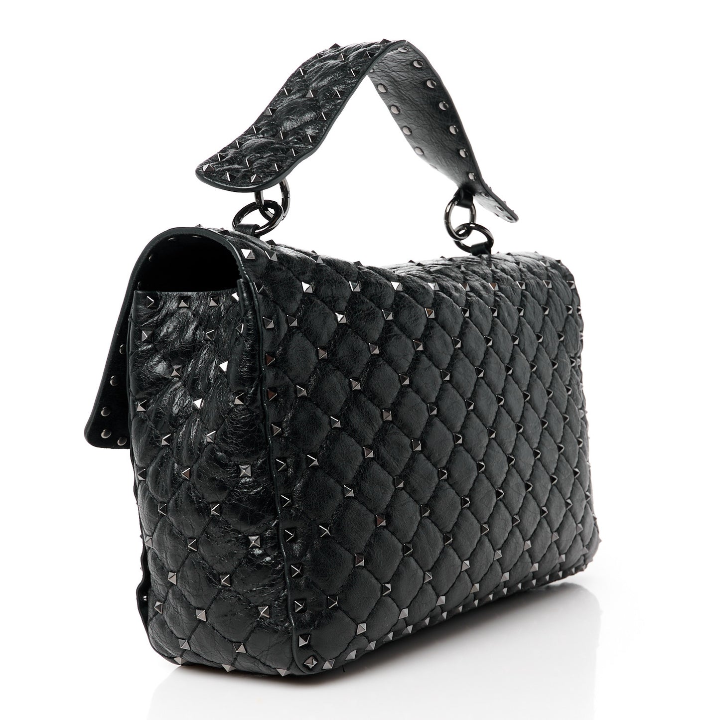 Craquele Nappa Large Rockstud Spike Shoulder Bag Black
