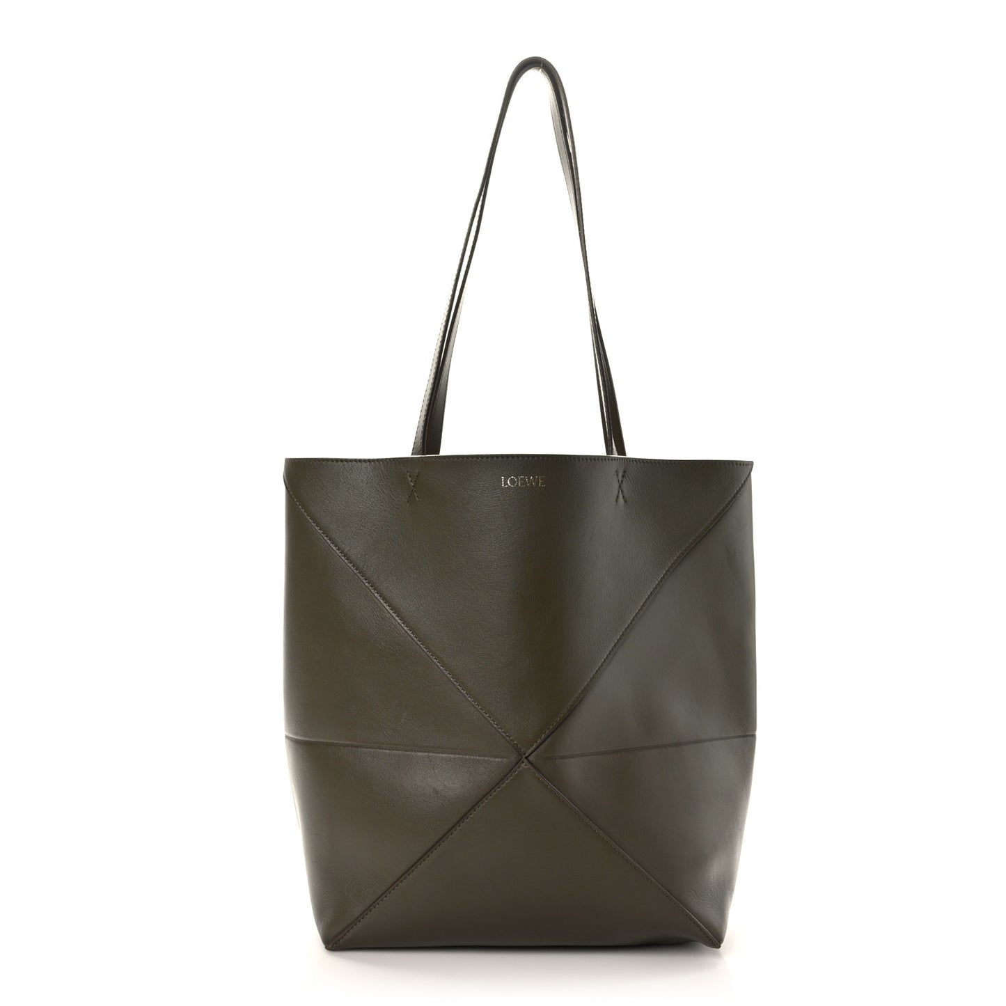 Shiny Calfskin Medium Puzzle Fold Tote Dark Khaki Green