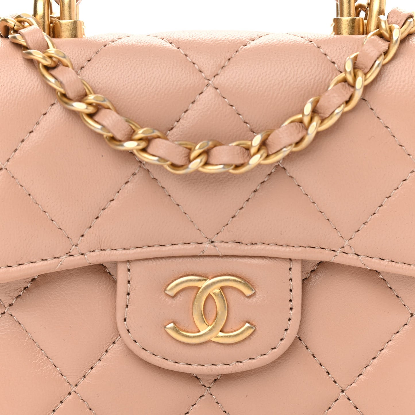 Lambskin Quilted Top Handle Flap Coin Purse With Chain Beige