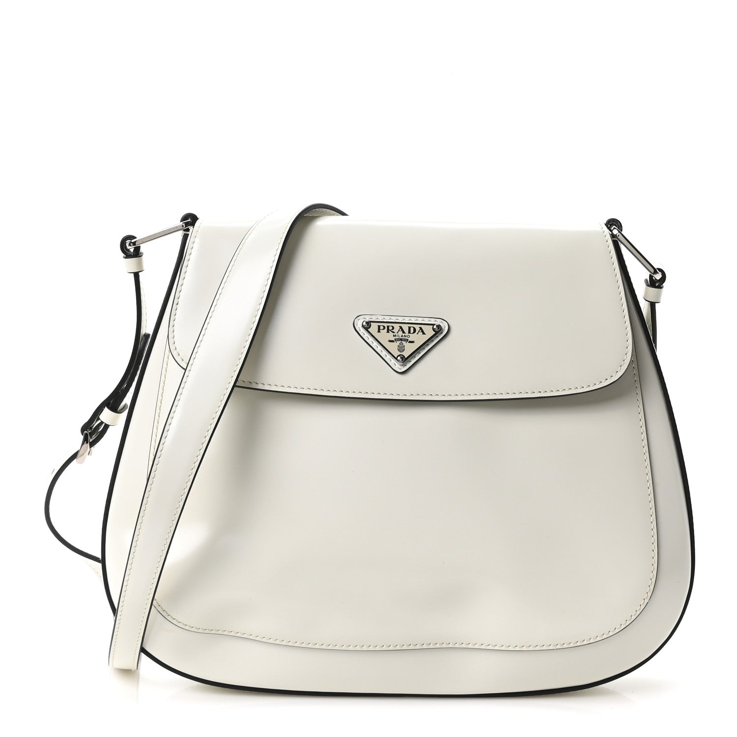 Prada Spazzolato Cleo Flap Adjustable Strap Shoulder Bag White