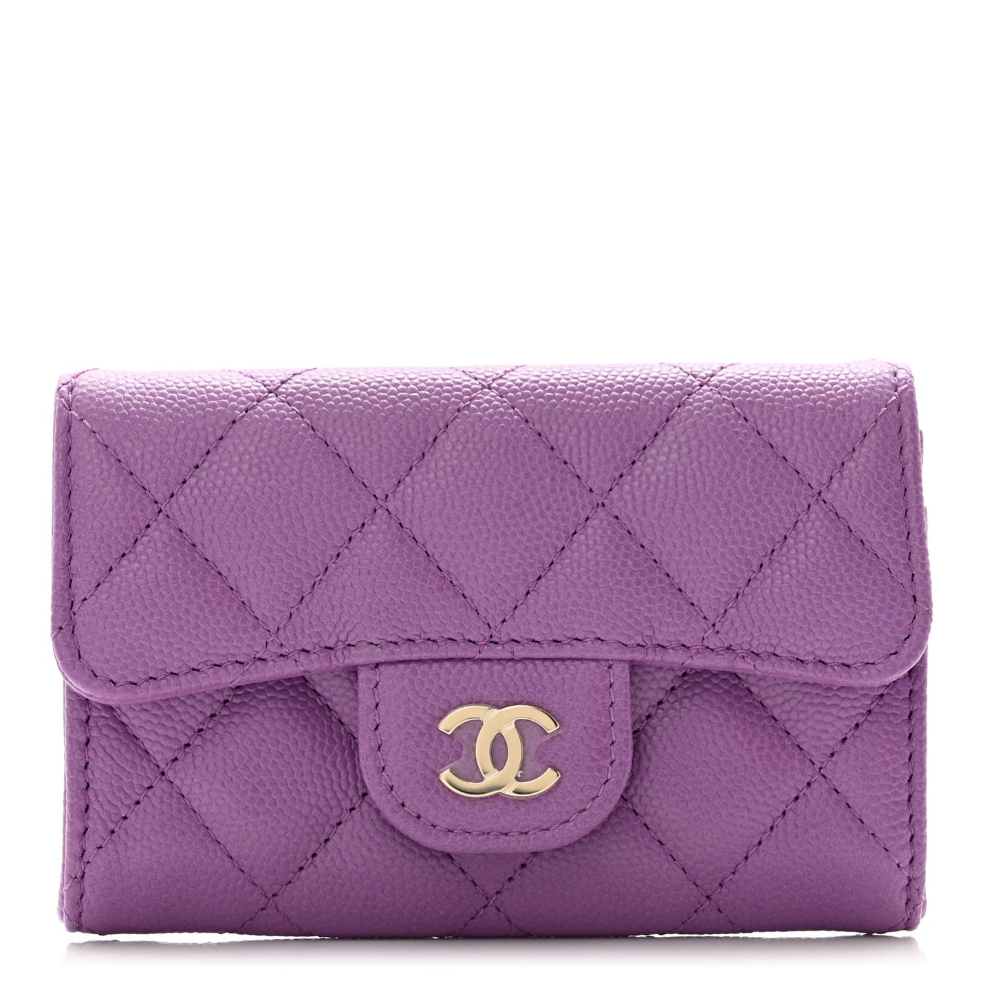 Caviar Quilted Flap Card Holder Wallet Purple