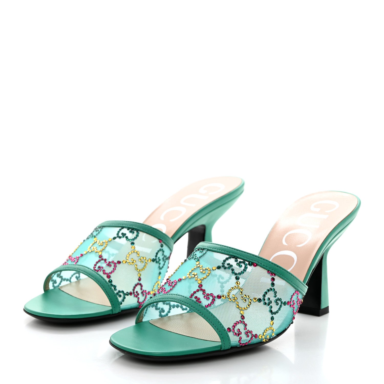 Gucci Tela Retino Nappa Crystal GG Monogram Square G 95mm Slide Sandals 37.5 Turquoise 3 of 8