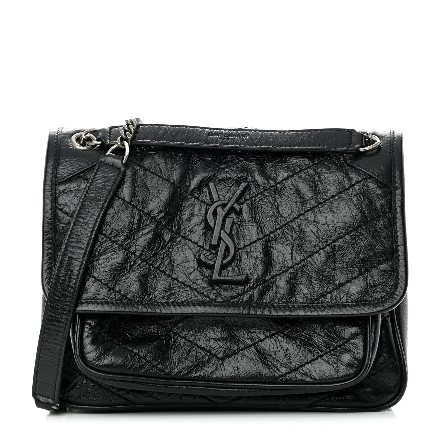Crinkled Calfskin Matelasse Monogram Baby Niki Chain Satchel Black