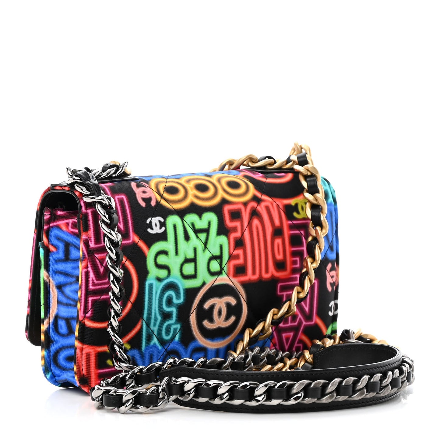Fabric Printed Chanel 19 Wallet On Chain WOC Black Multicolor
